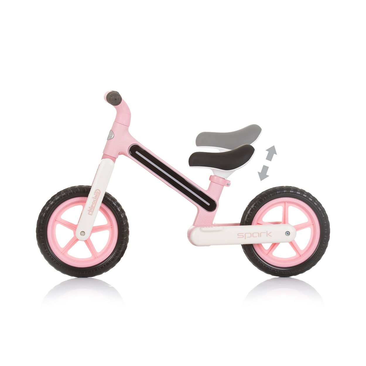 Ein rosa Kinderlaufrad mit verstellbarem Sitz und schwarzen Reifen.