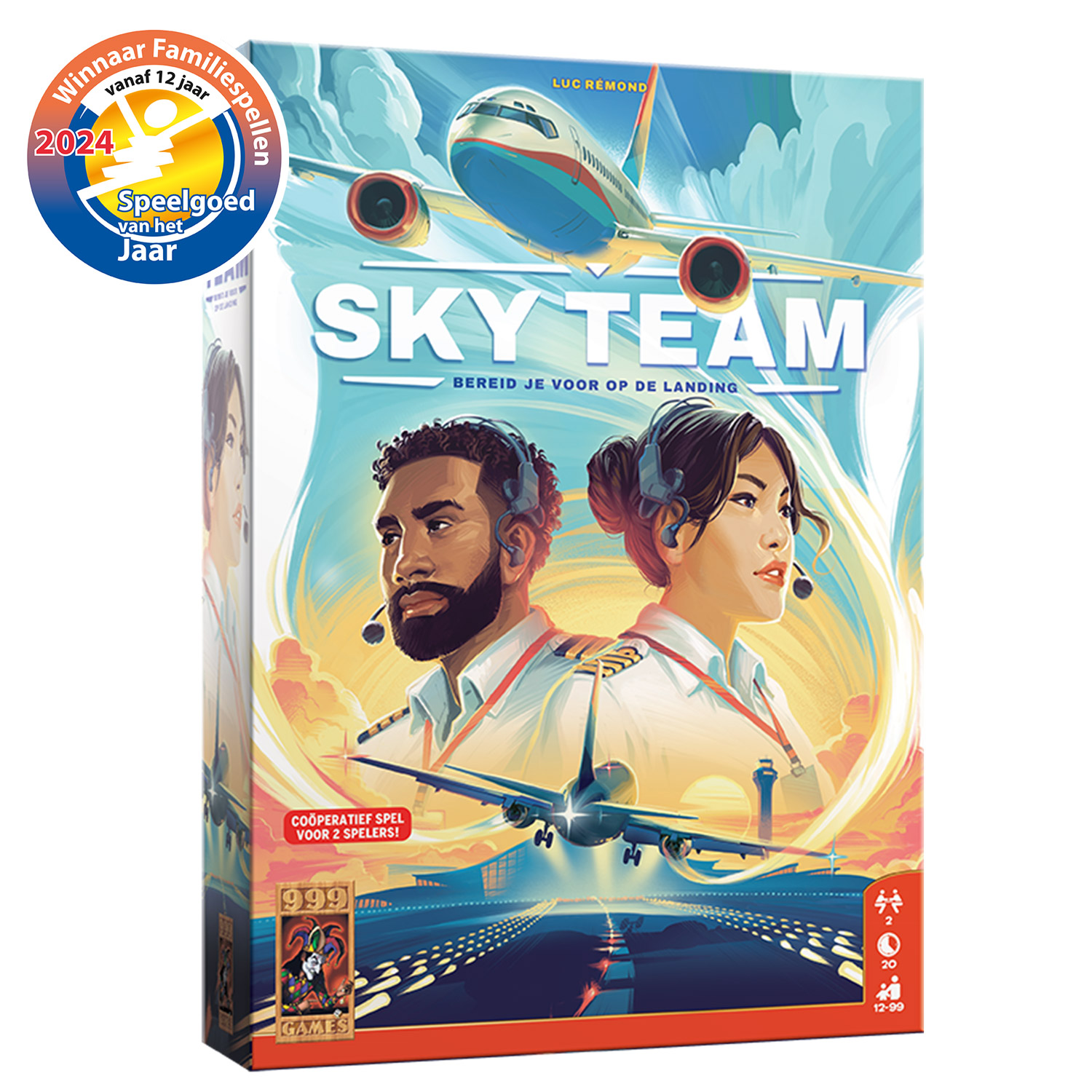 Sky Team bordspel doos: piloten, vliegtuigen, landingsbaan, zonsondergang. Prijssticker.