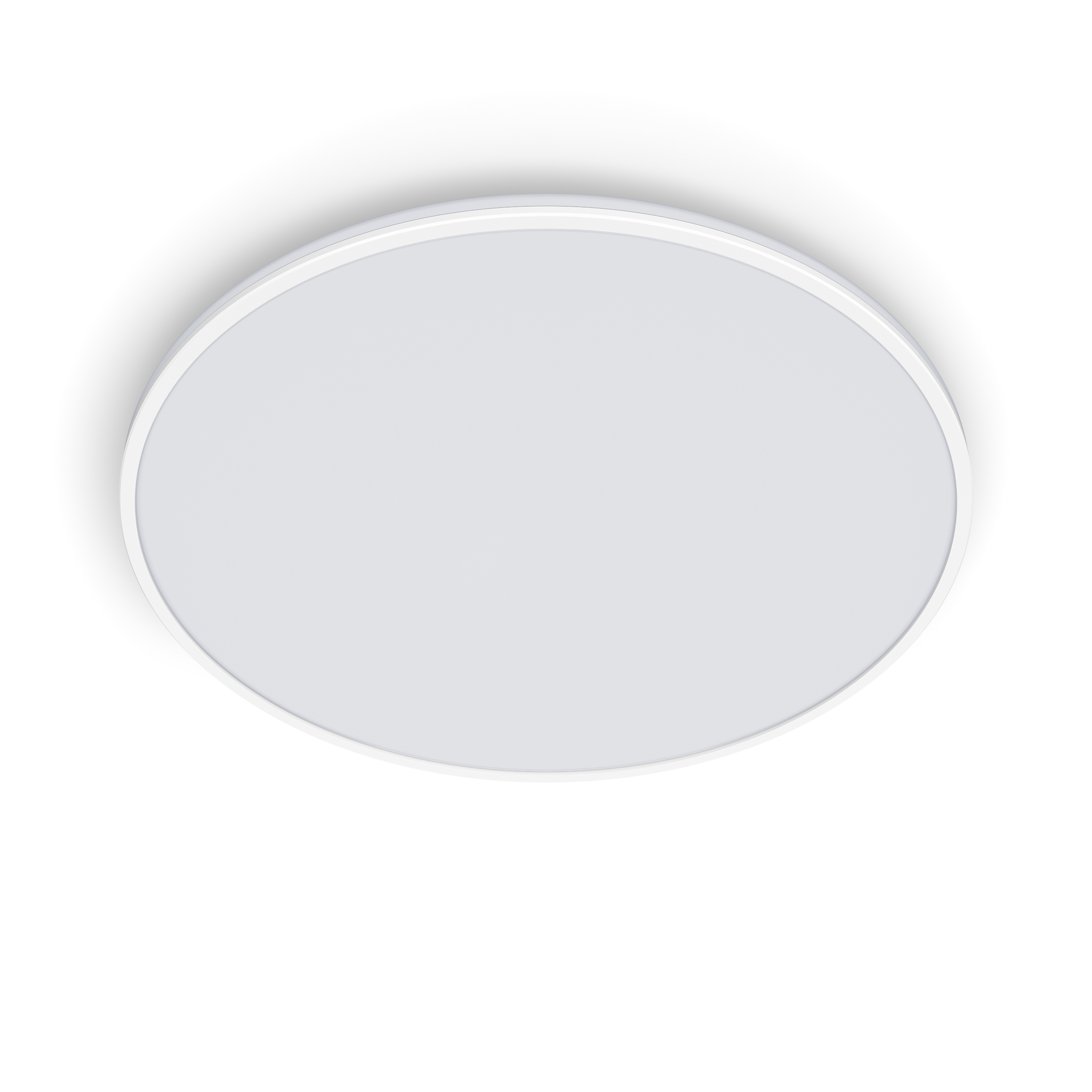 Una lámpara de techo redonda y blanca con un borde blanco fino.