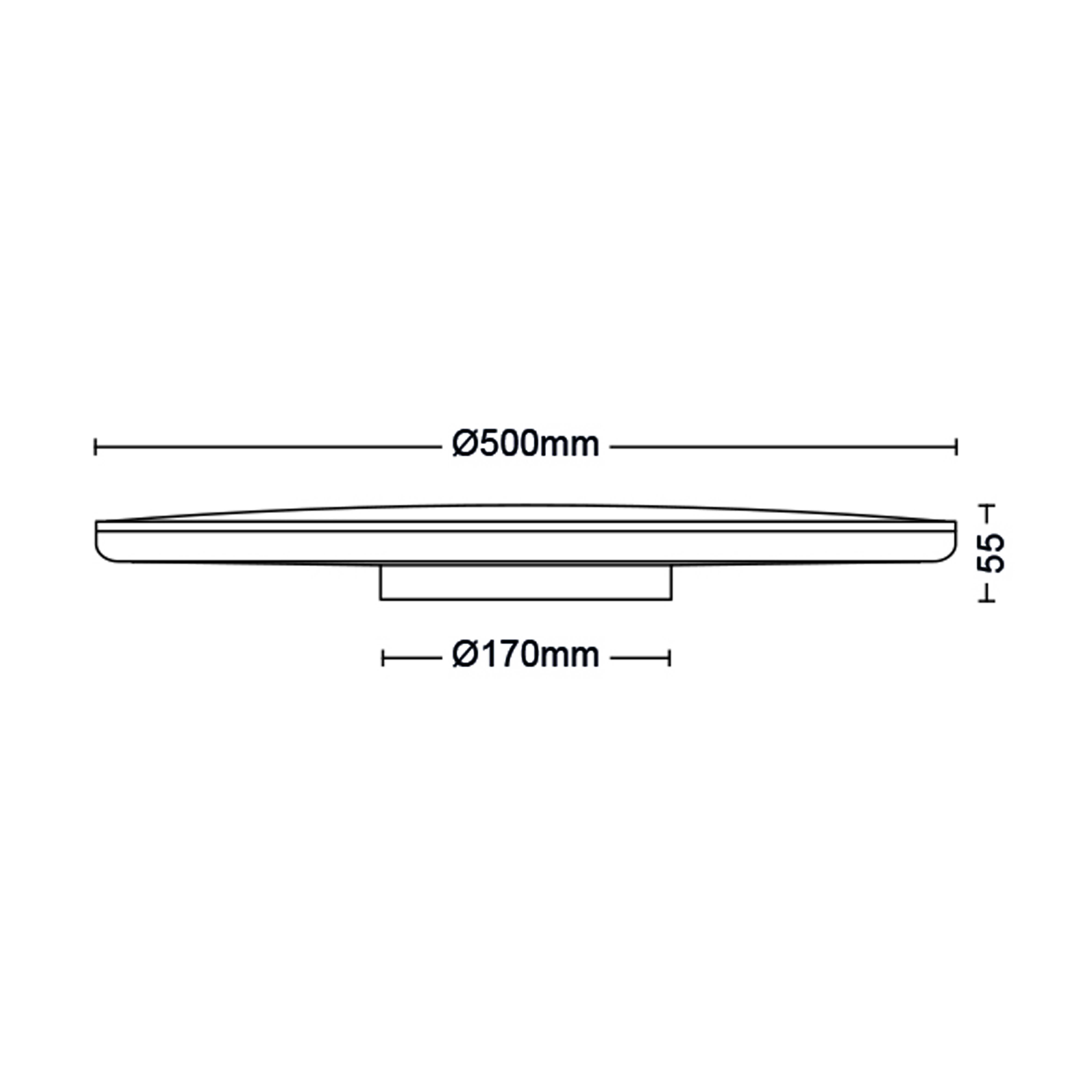 Un diagrama en blanco y negro muestra el perfil lateral de una luminaria circular y plana, con dimensiones: Ø500mm y una altura de 55mm. Una base de montaje rectangular central mide Ø170mm.