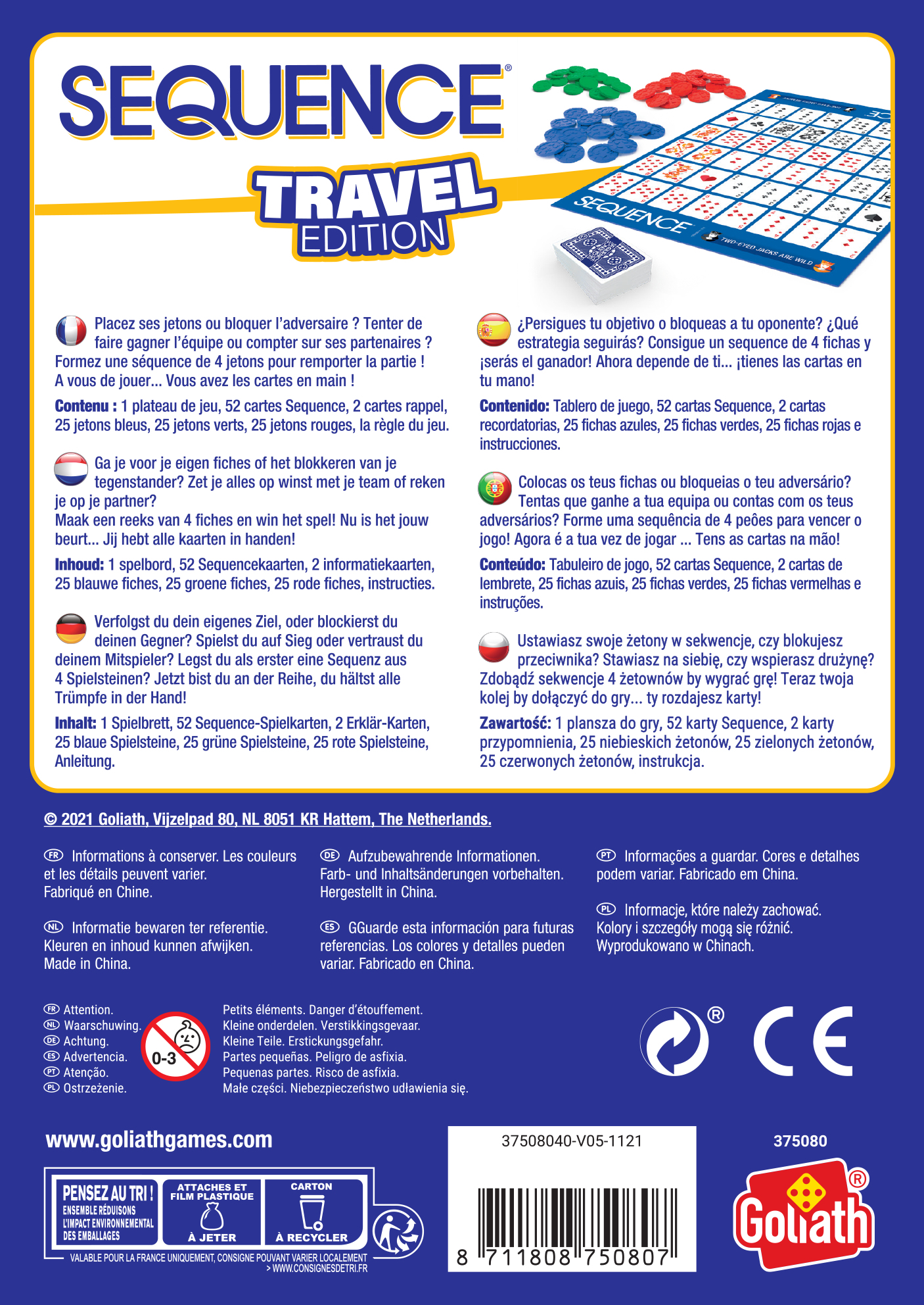 Gra planszowa Sequence Travel Edition z czerwonymi, zielonymi, niebieskimi żetonami i kartami.