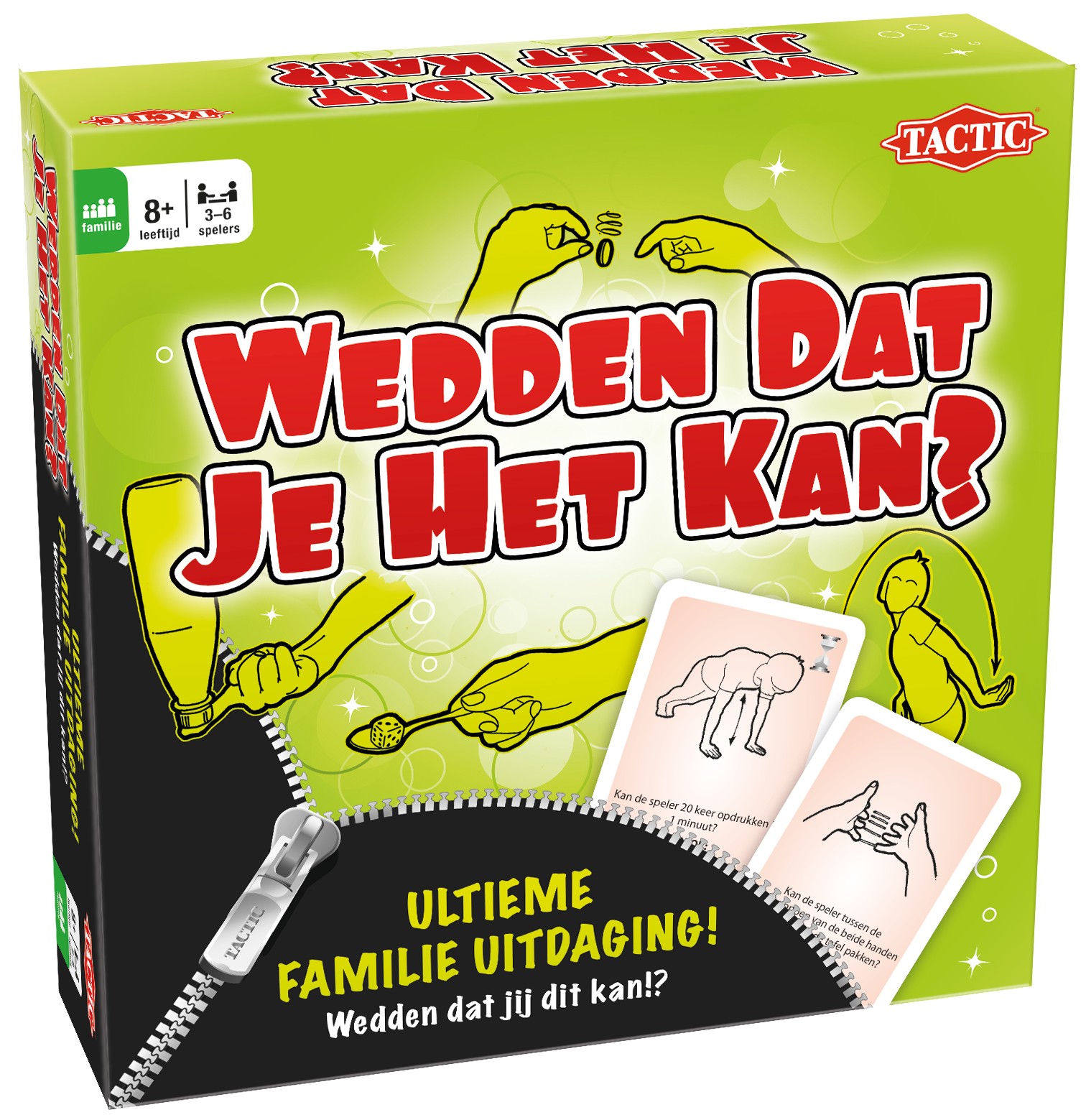 Speldoos met titel 'WEDDEN DAT JE HET KAN?' in rood op groene achtergrond.