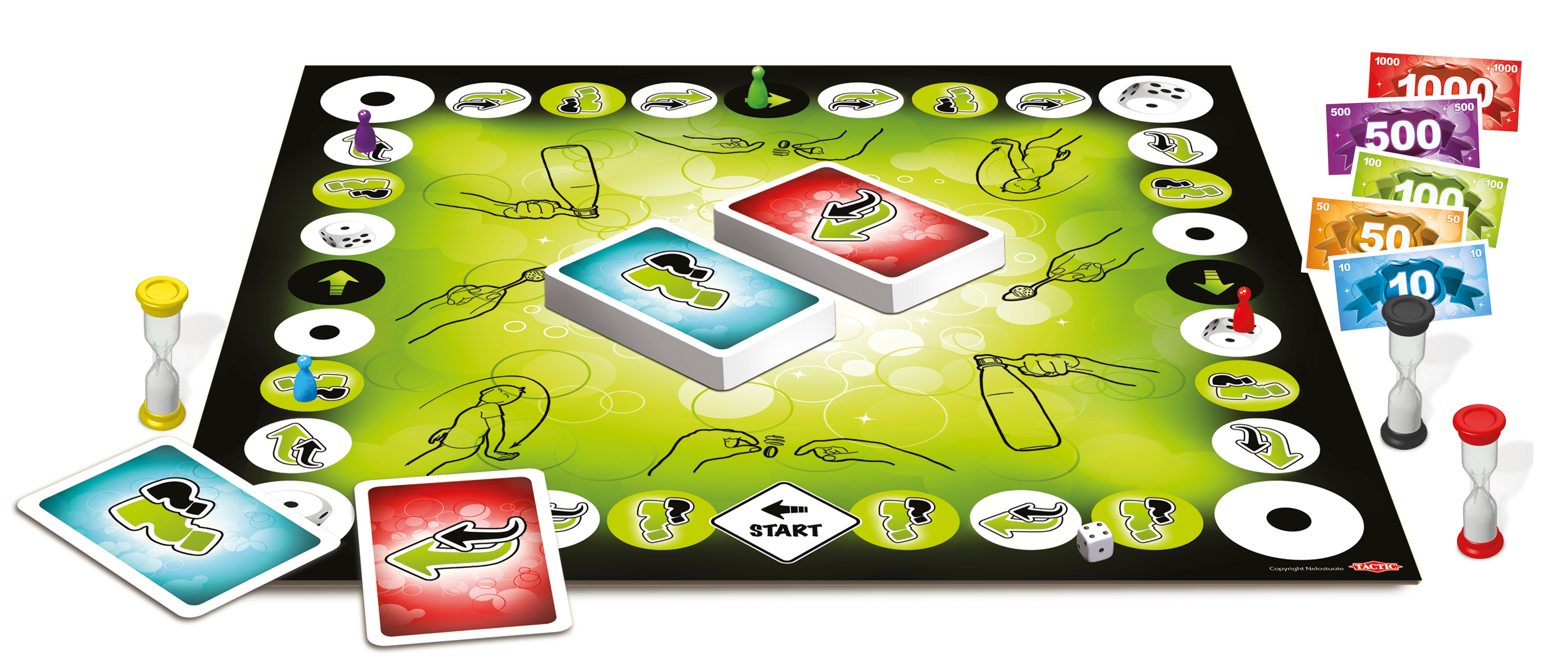 Bordspel met pionnen, kaarten, dobbelstenen, zandlopers en speelgeld.