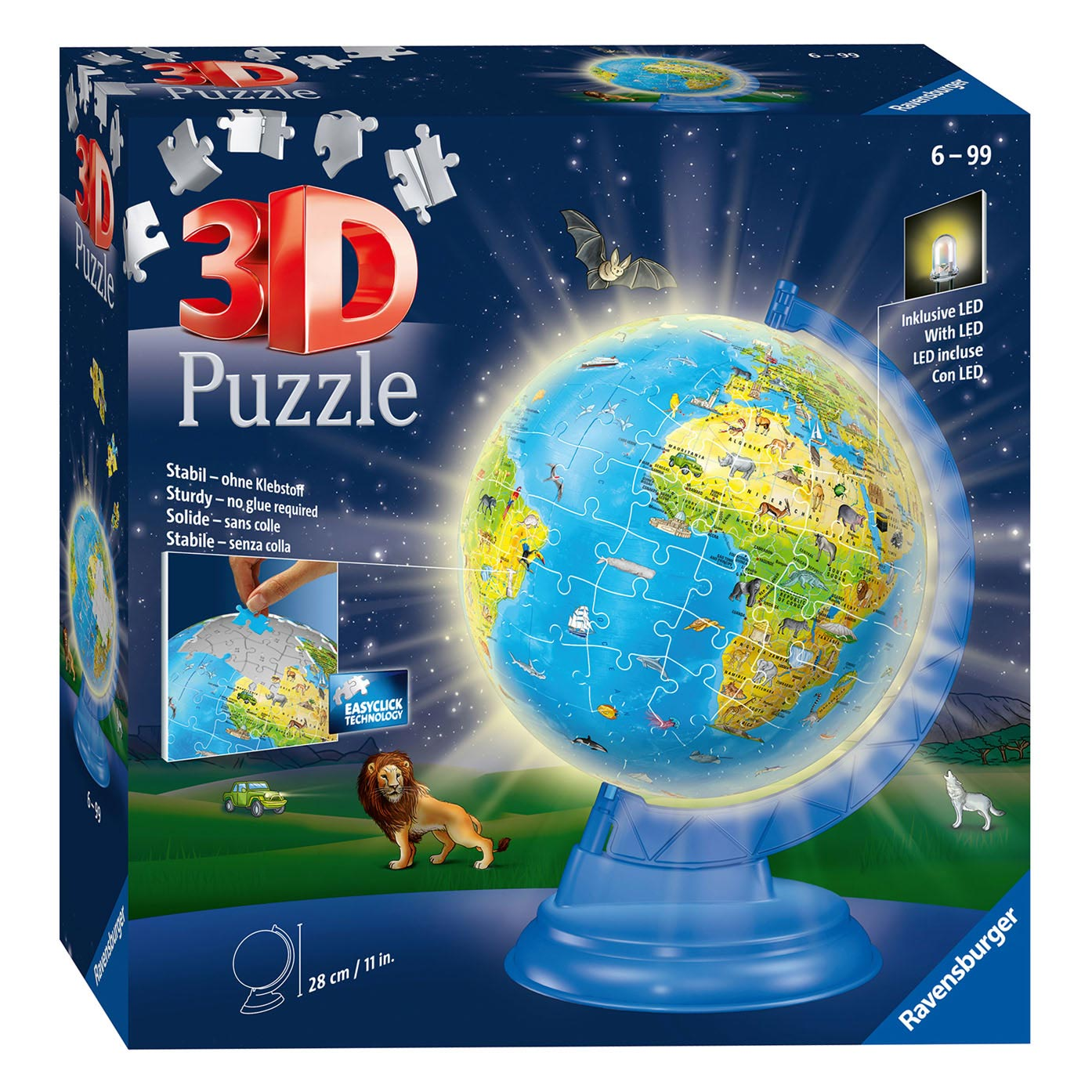 Globo puzzle 3D con LED, leone, lupo e pipistrello in un cielo notturno.