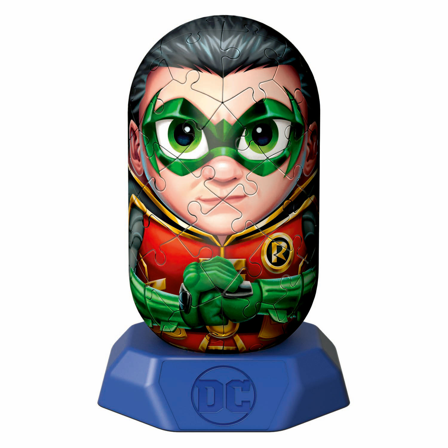 Puzzle 3D di Robin in costume verde e rosso su base con logo DC.