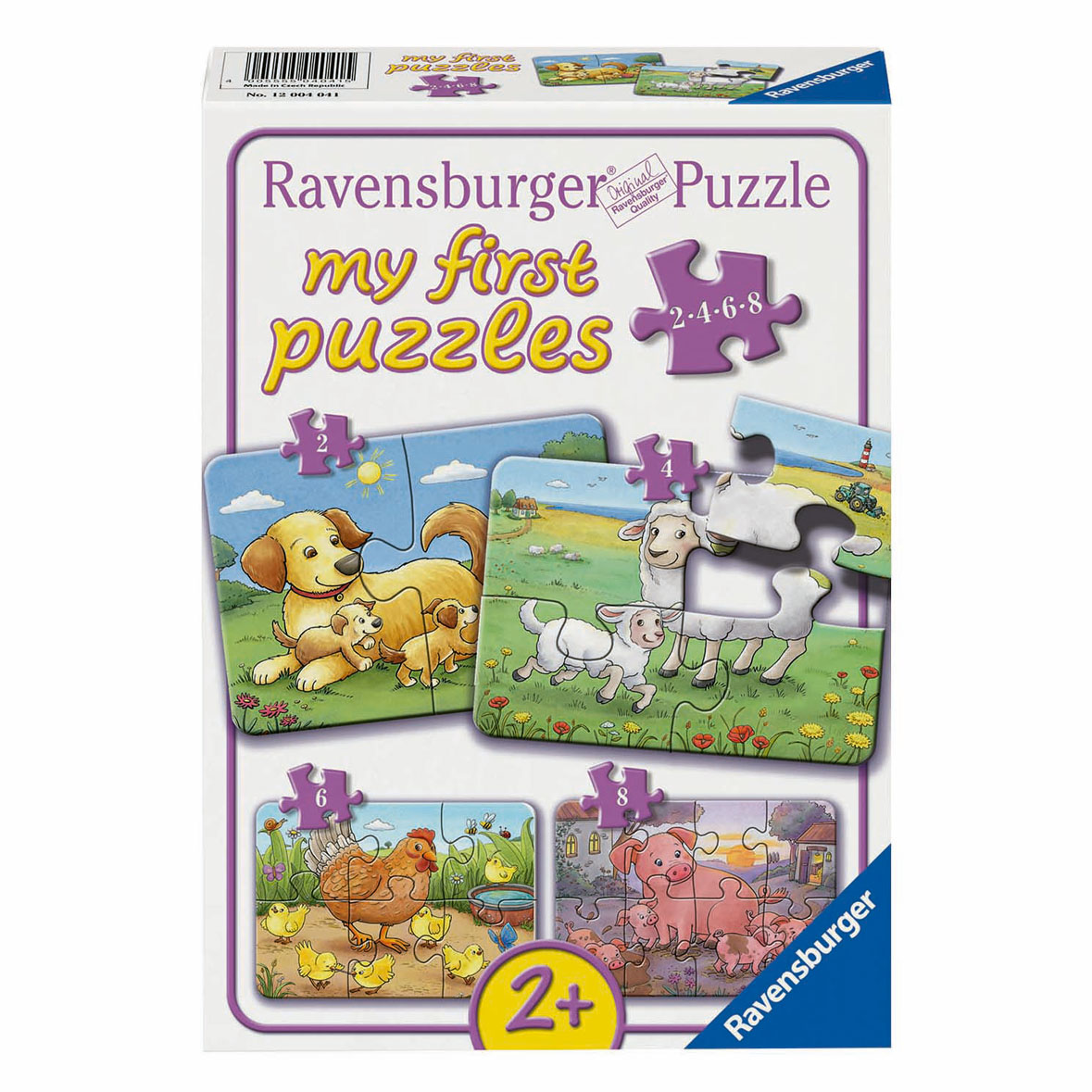 Scatola "I miei primi puzzle" Ravensburger con animali della fattoria: cane, pecora, gallina, maiale.