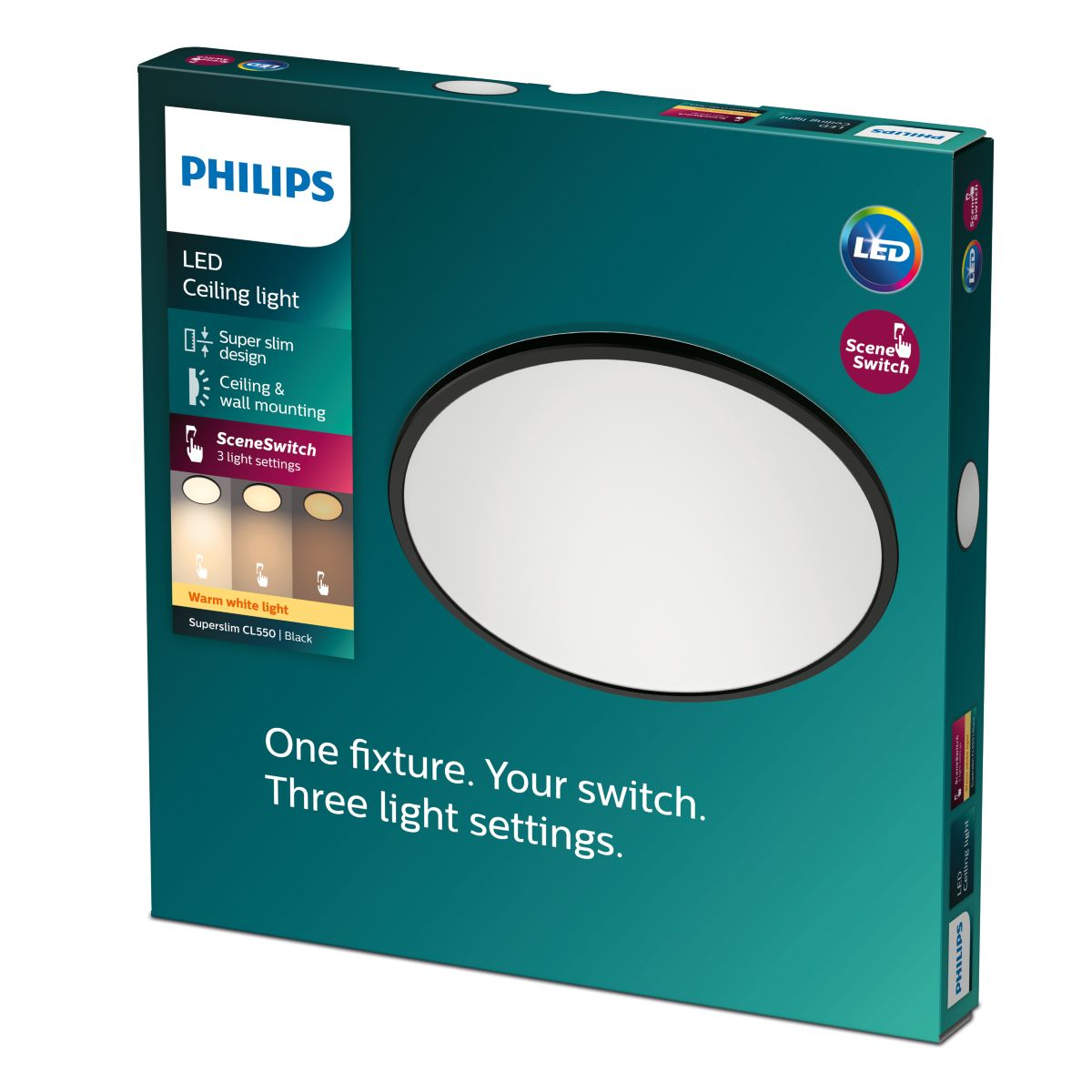 Plafonnier LED Philips, ultra-fin, 3 réglages de lumière, noir.