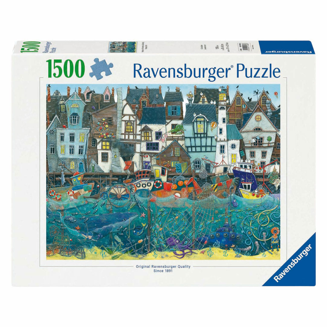 Porto peschereccio con case colorate, barche e vita sottomarina, puzzle Ravensburger da 1500 pezzi.
