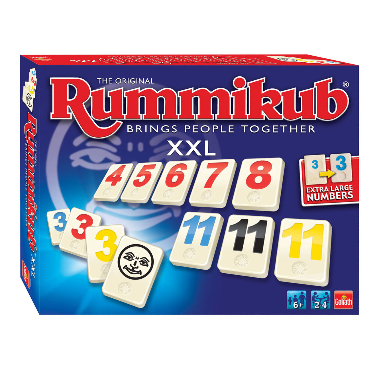 Rummikub XXL speldoos met veel tegels met cijfers.