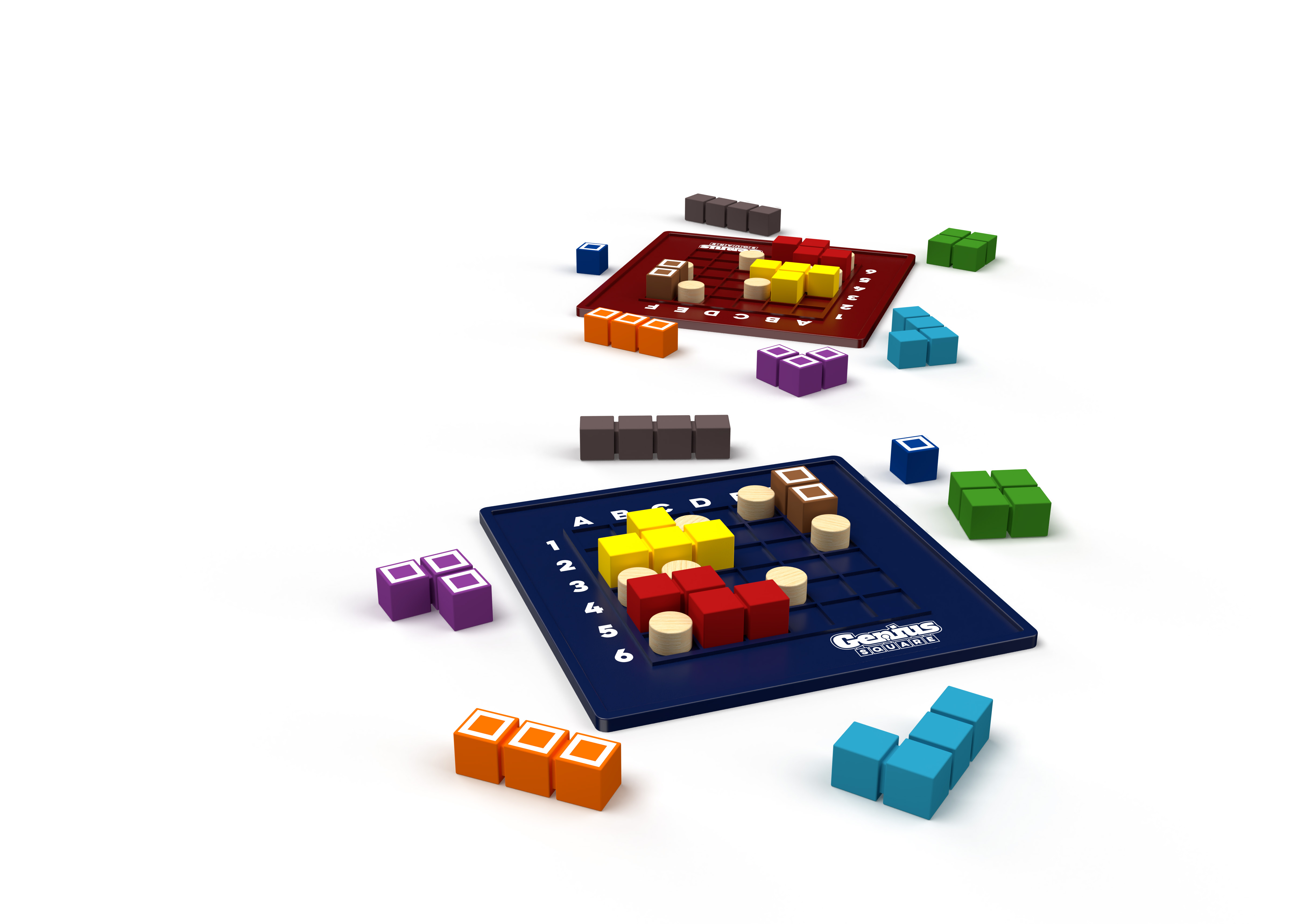 Zwei Brettspiele mit bunten Würfeln in verschiedenen Anordnungen.