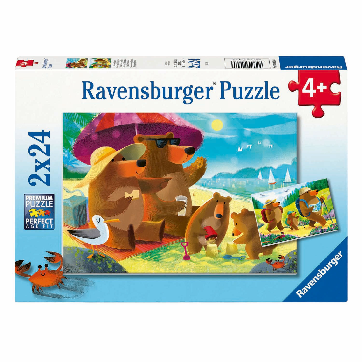 Famiglia di orsi in spiaggia con granchio e gabbiano. Puzzle Ravensburger 2x24.