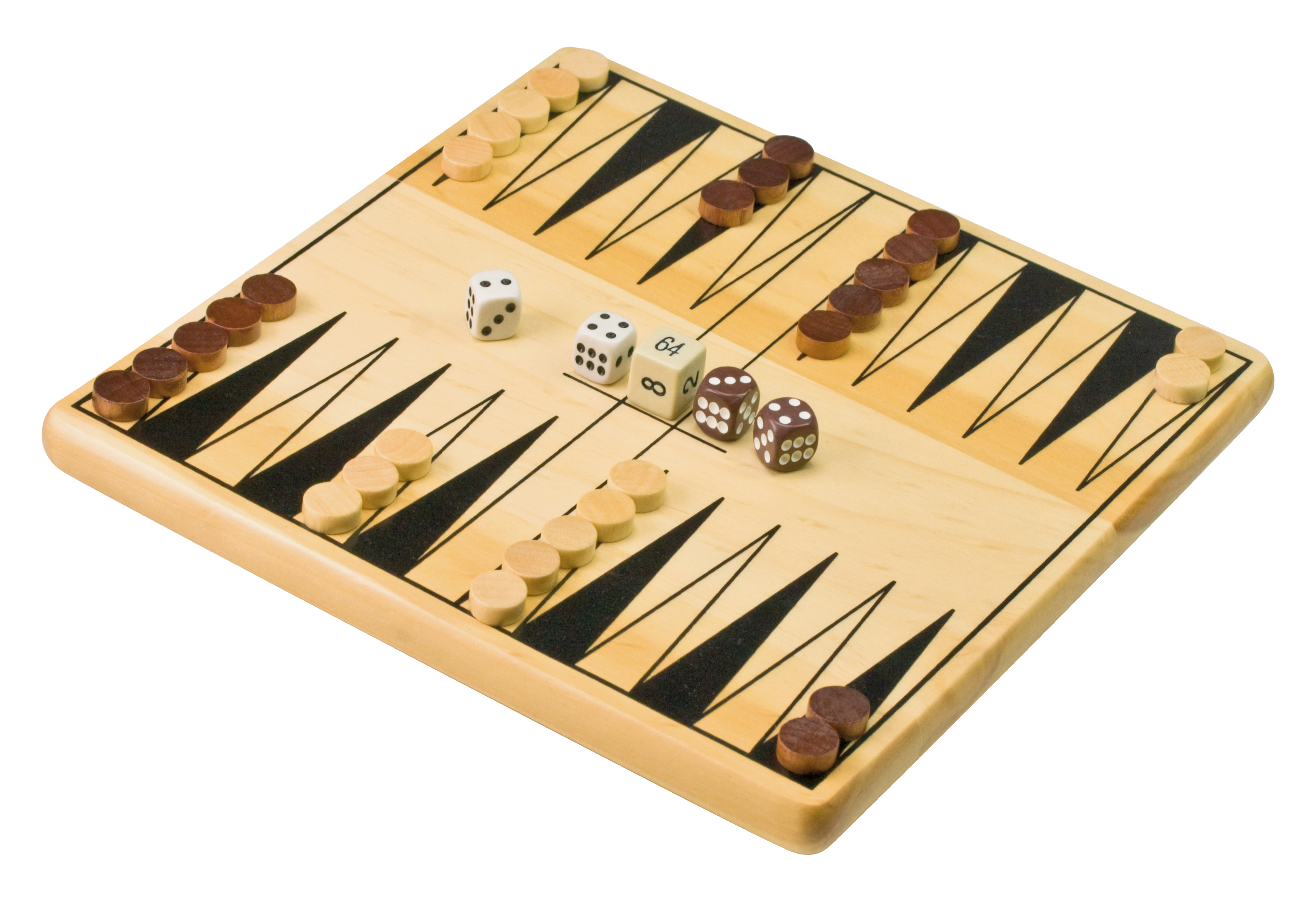 Ein Backgammonbrett mit braunen und hellen Spielsteinen und Würfeln.