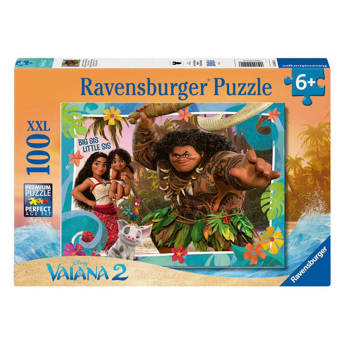 Puzzle Ravensburger con Moana, Maui, Pua e un pollo su una spiaggia.