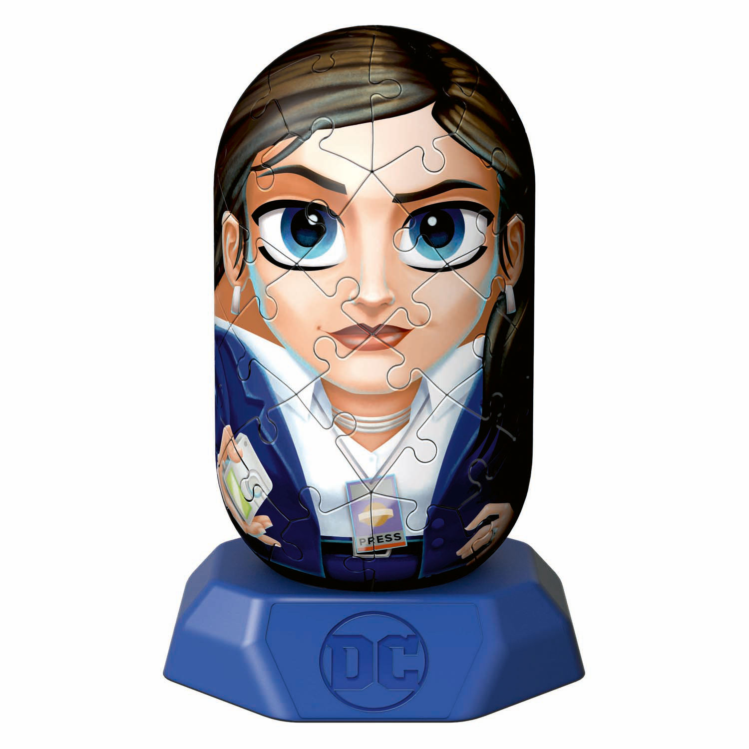 Puzzle 3D di una donna con occhi blu che indossa una giacca blu e una camicia bianca.