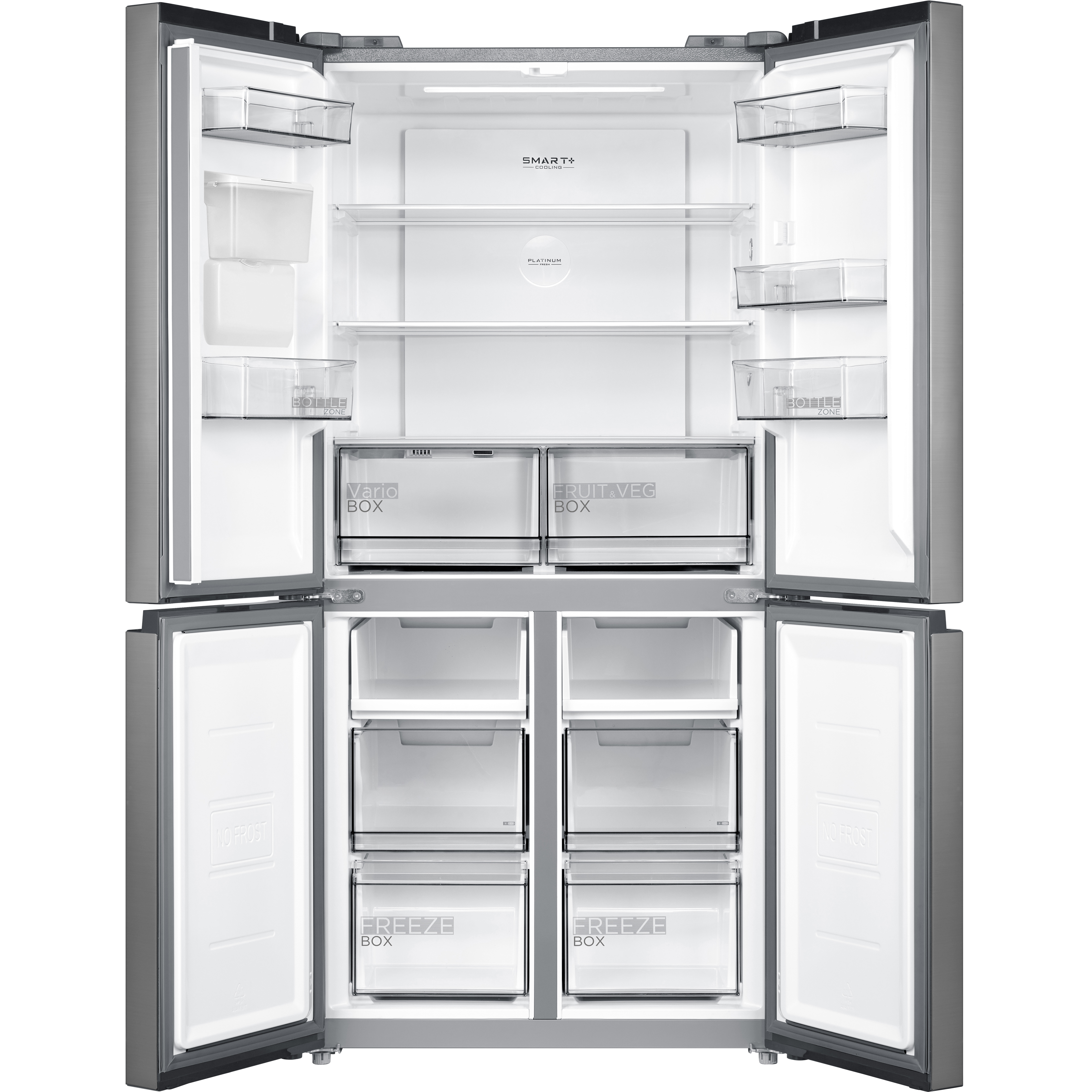 Offener Kühlschrank mit Fächern, Schubladen und Flaschenzone.
