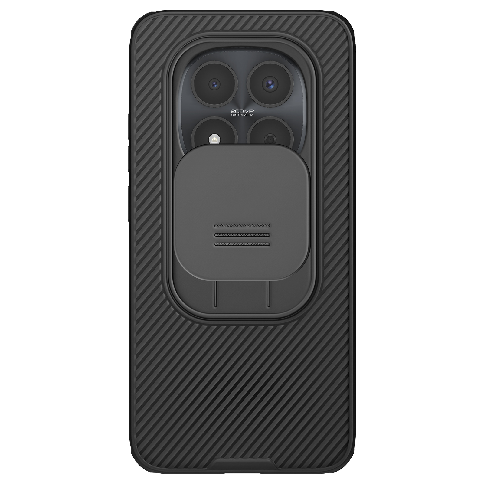 Zwarte telefoonhoes met camerabedekking en geribbeld patroon.