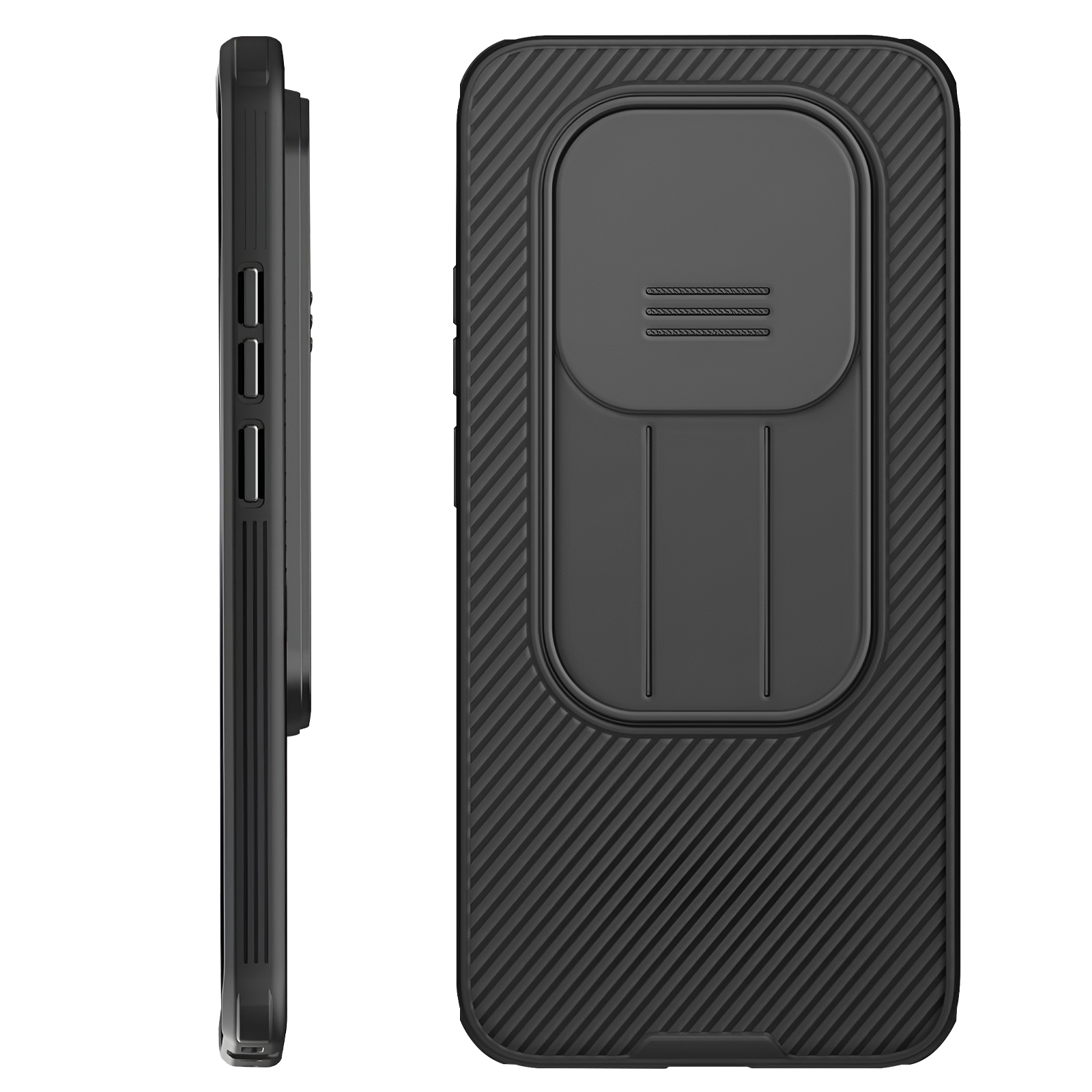 Zwarte telefoonhoes met schuifbare cameraddekking en geribbelde textuur.