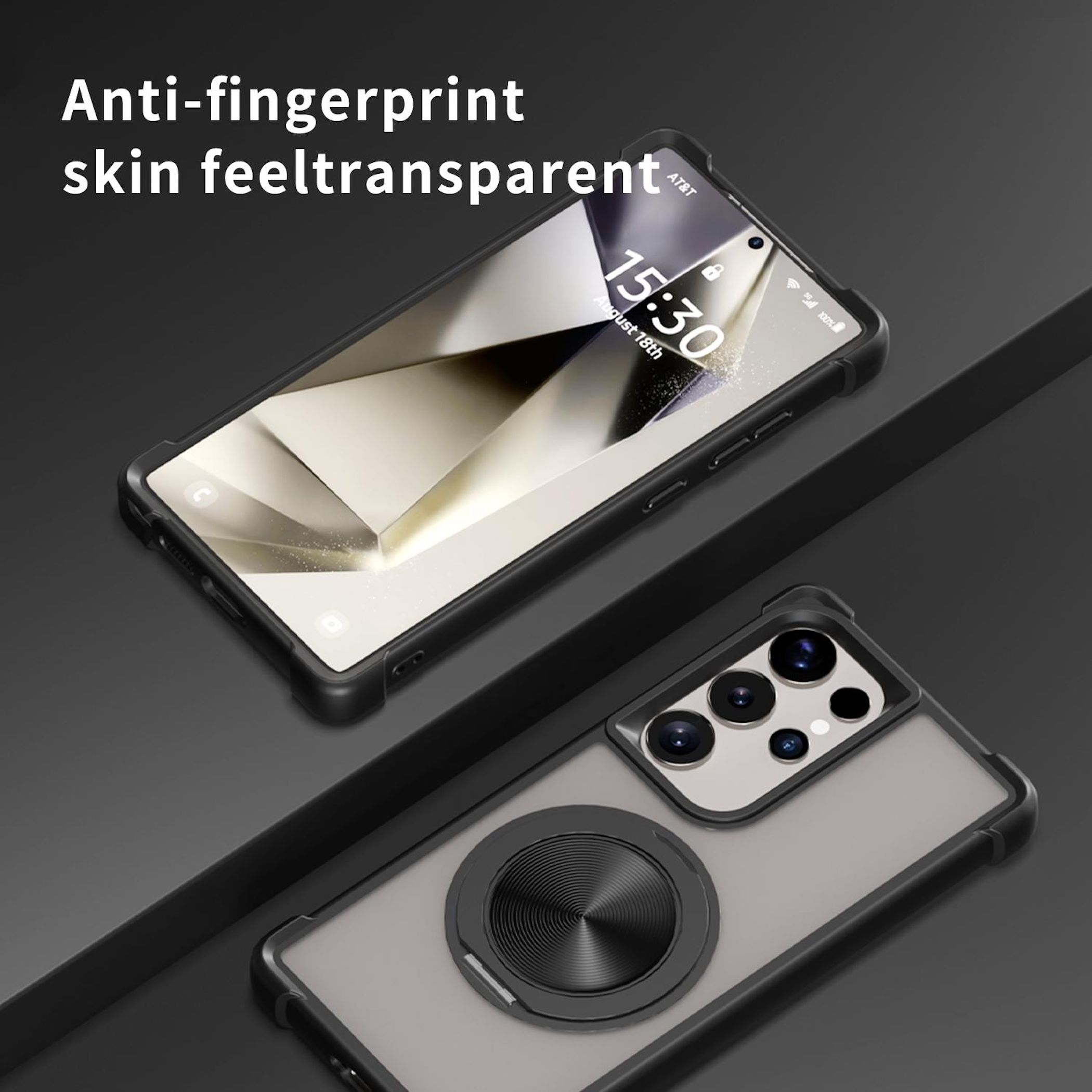 Un teléfono negro con parte trasera transparente y soporte de anillo.