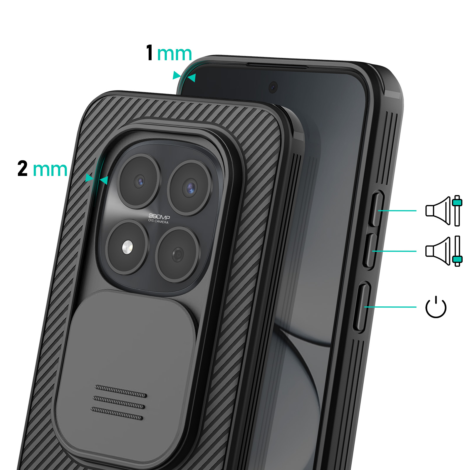 Zwarte telefoon met camerakader en 2mm hoes. Volume- en aan/uitknoppen.