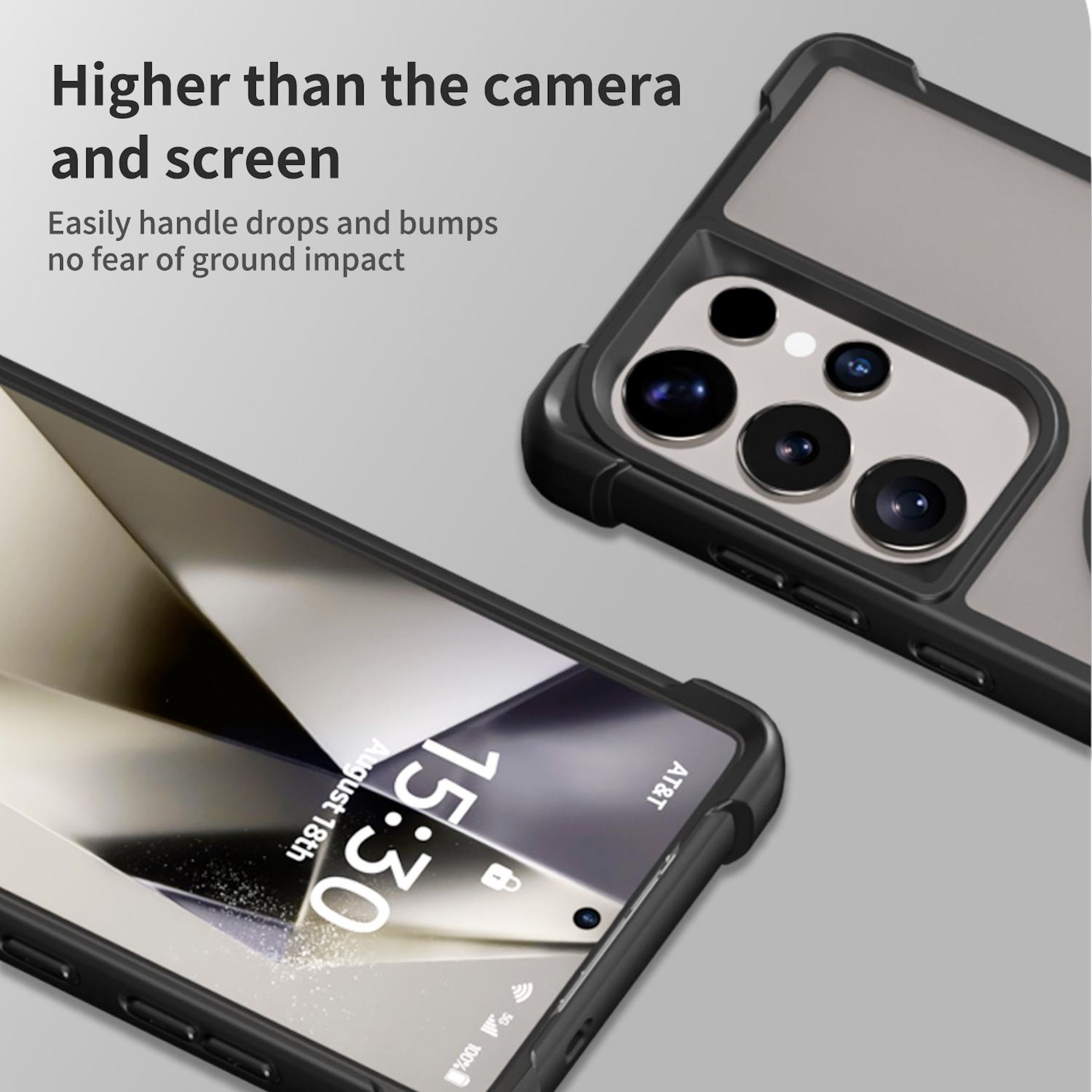 Funda negra para teléfono con bordes elevados protege cámara y pantalla.