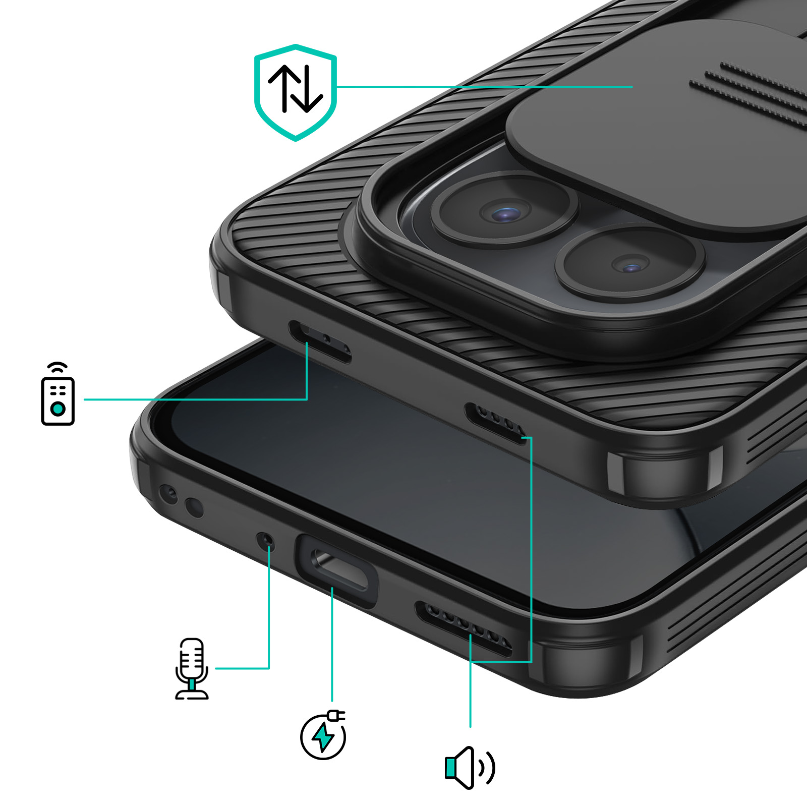 Zwarte telefoonhoes met cameralens-afdekking, oplaadpoort, microfoon en luidspreker.