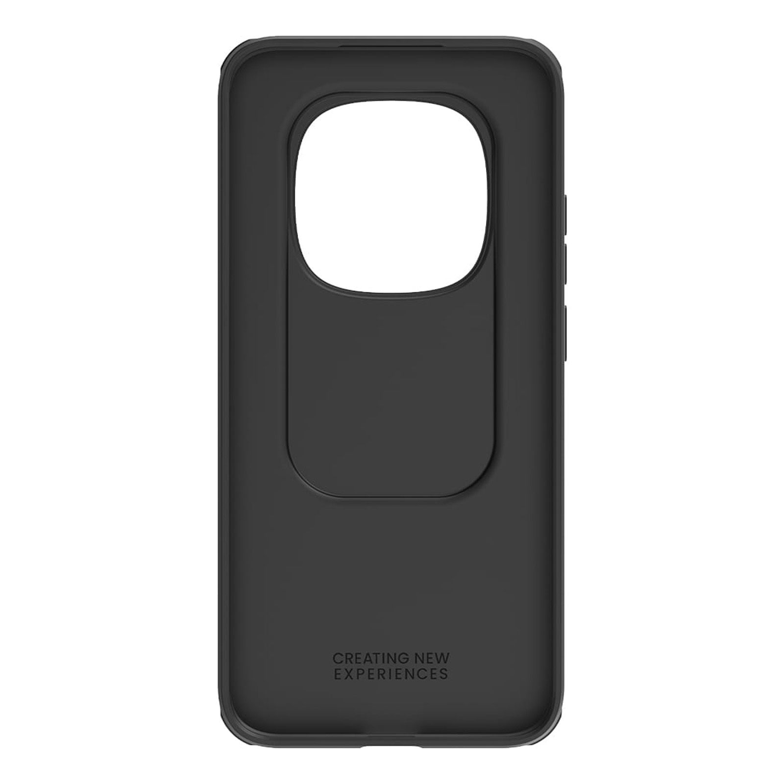 Zwarte telefoonhoes met uitsparing voor camera en tekst.