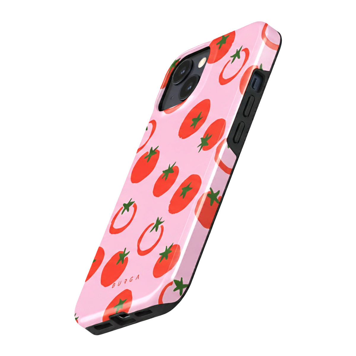 Una cover rosa per telefono con motivo di pomodori. Pulsanti a sinistra.
