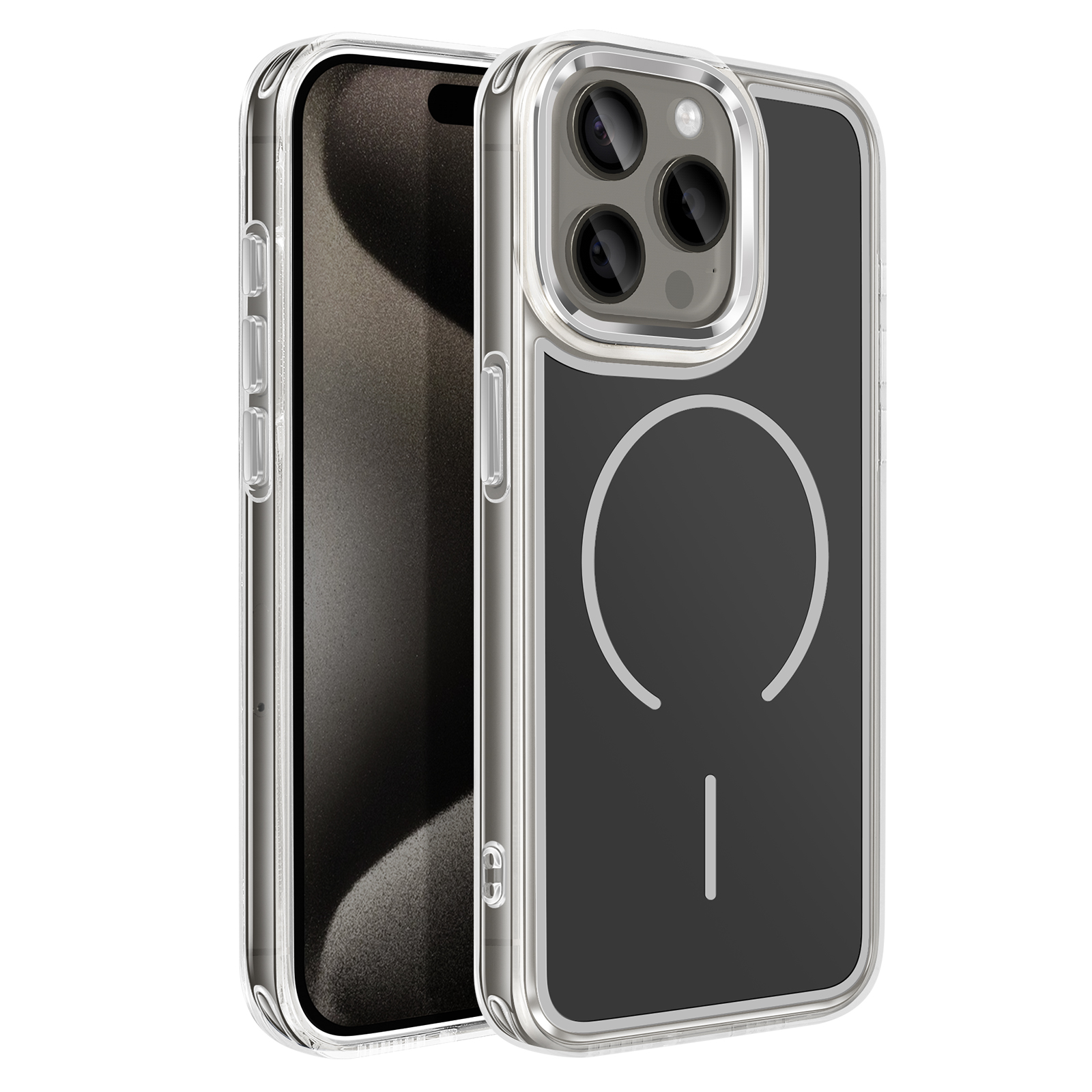 Une coque de téléphone transparente à bord argenté, sur un téléphone noir.