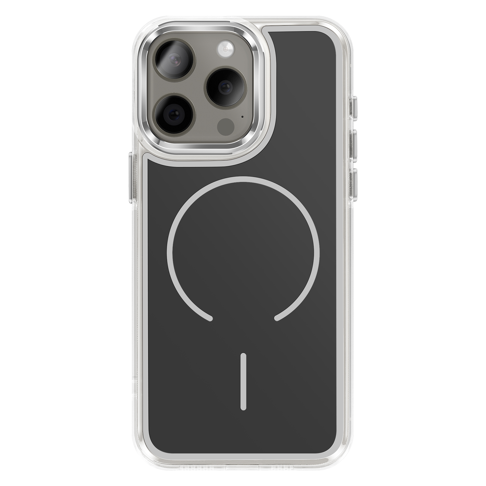 Coque transparente avec dos noir et module caméra.
