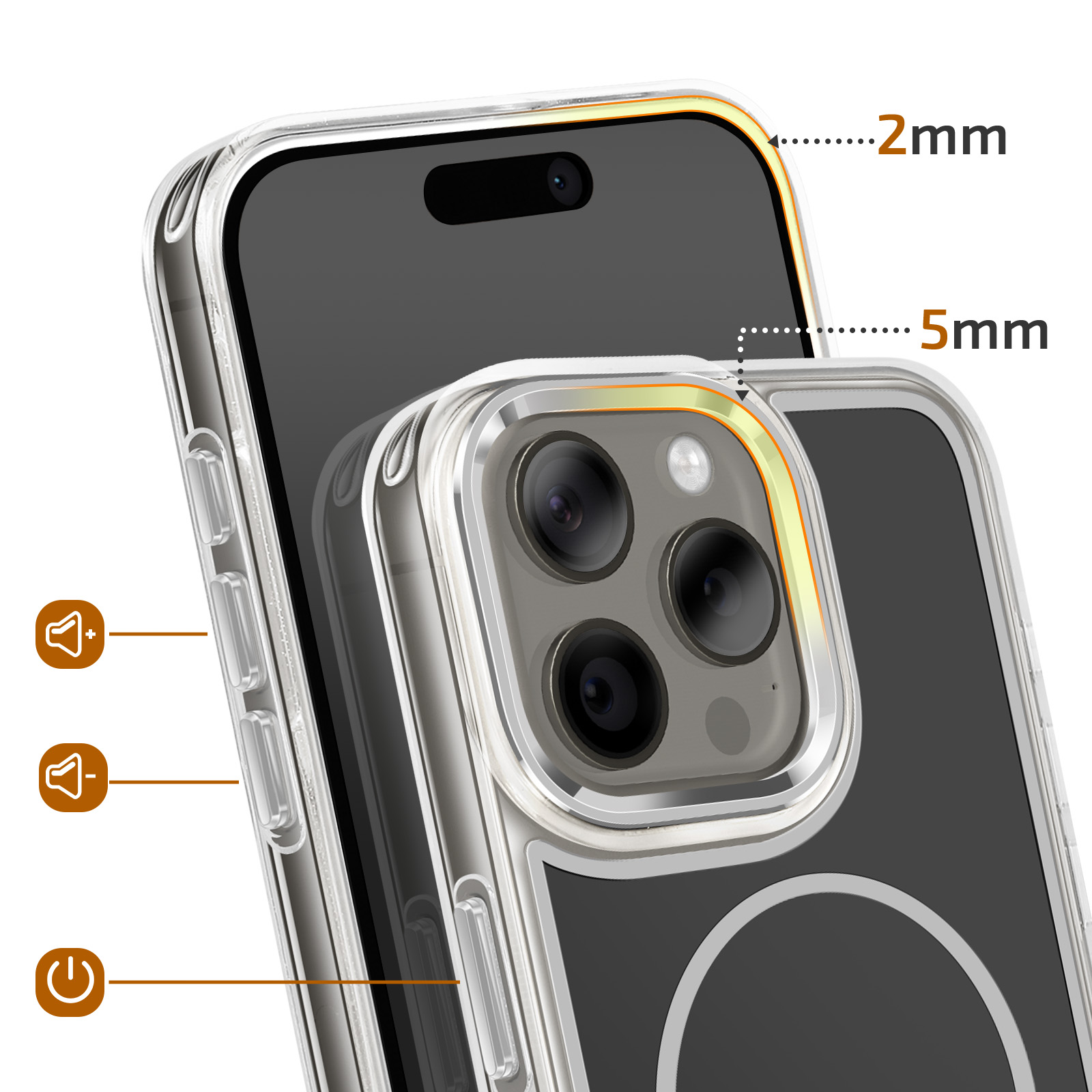Doorzichtige iPhone case met gele rand rond camera en knoppen.