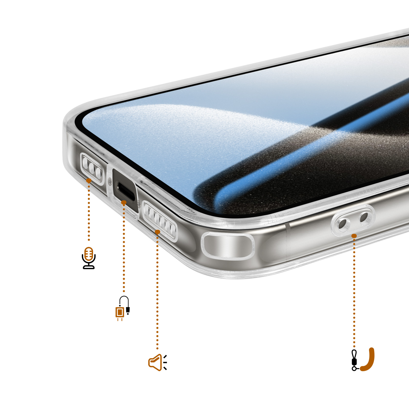 Een doorzichtige telefoonhoes toont poorten voor microfoon, opladen en luidspreker.