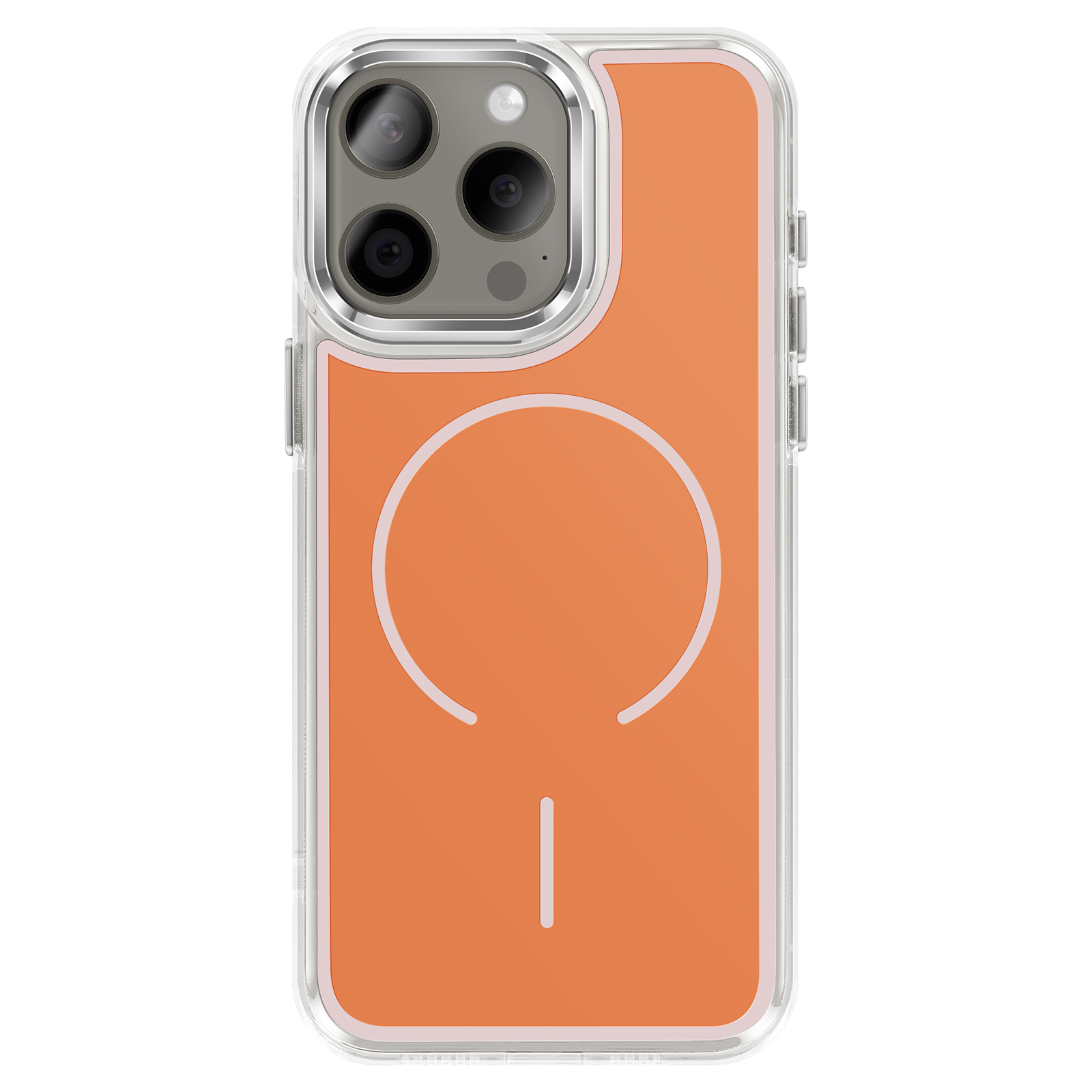 Oranje iPhone hoesje met MagSafe cirkel en cameramodule.