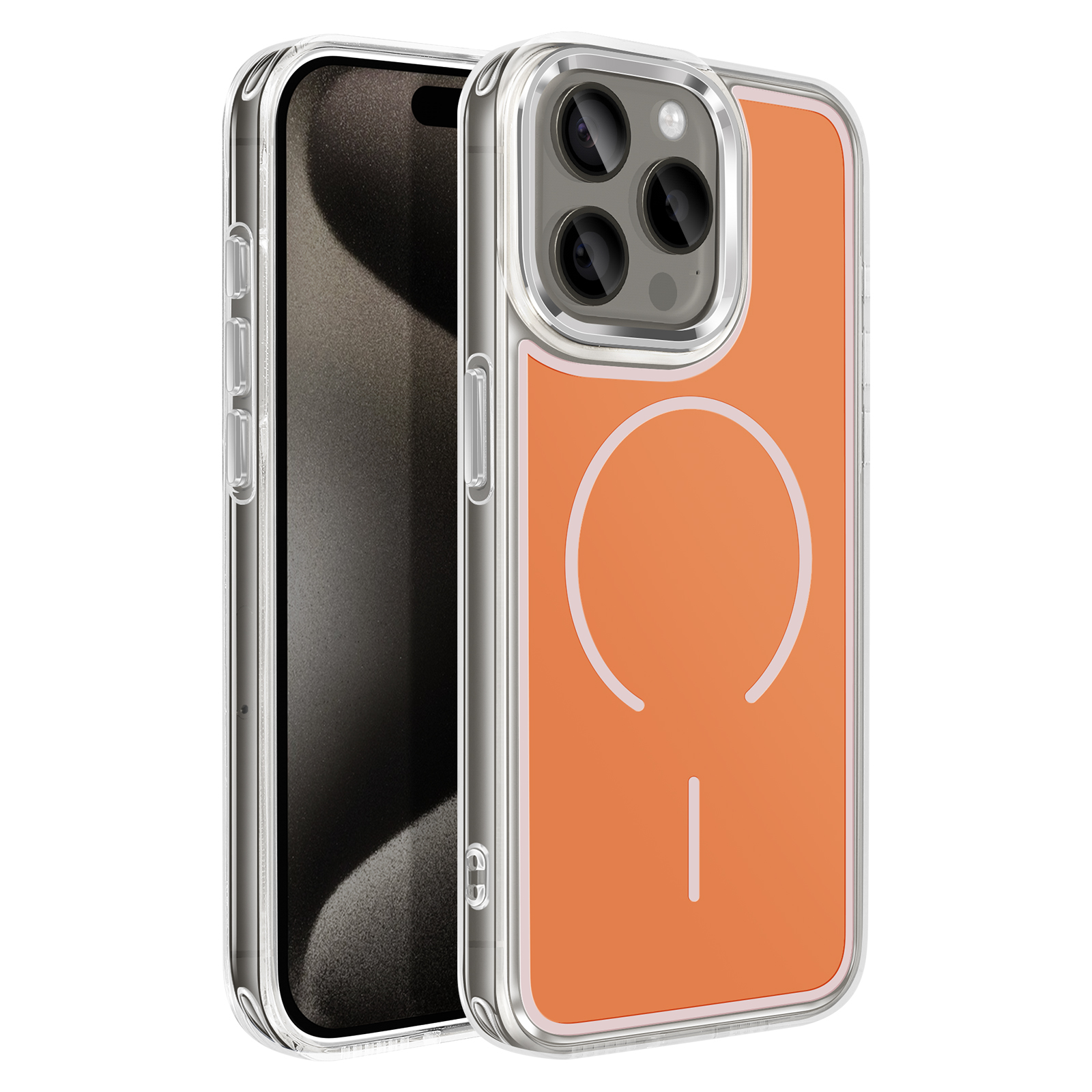 Een oranje iPhone met doorzichtige hoes en cameramodule.