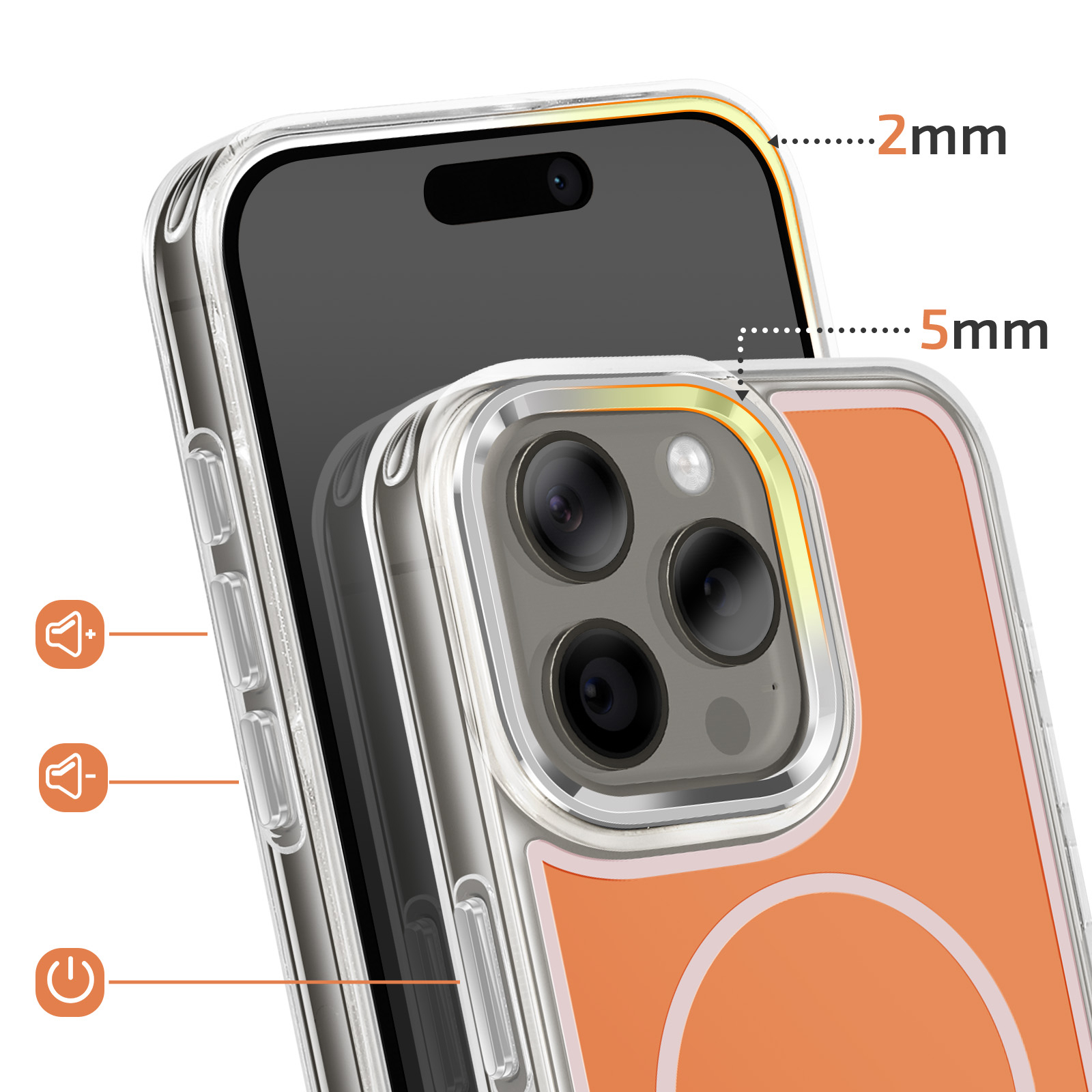 Transparante telefoonhoes met oranje achterkant, 2mm/5mm markeringen.