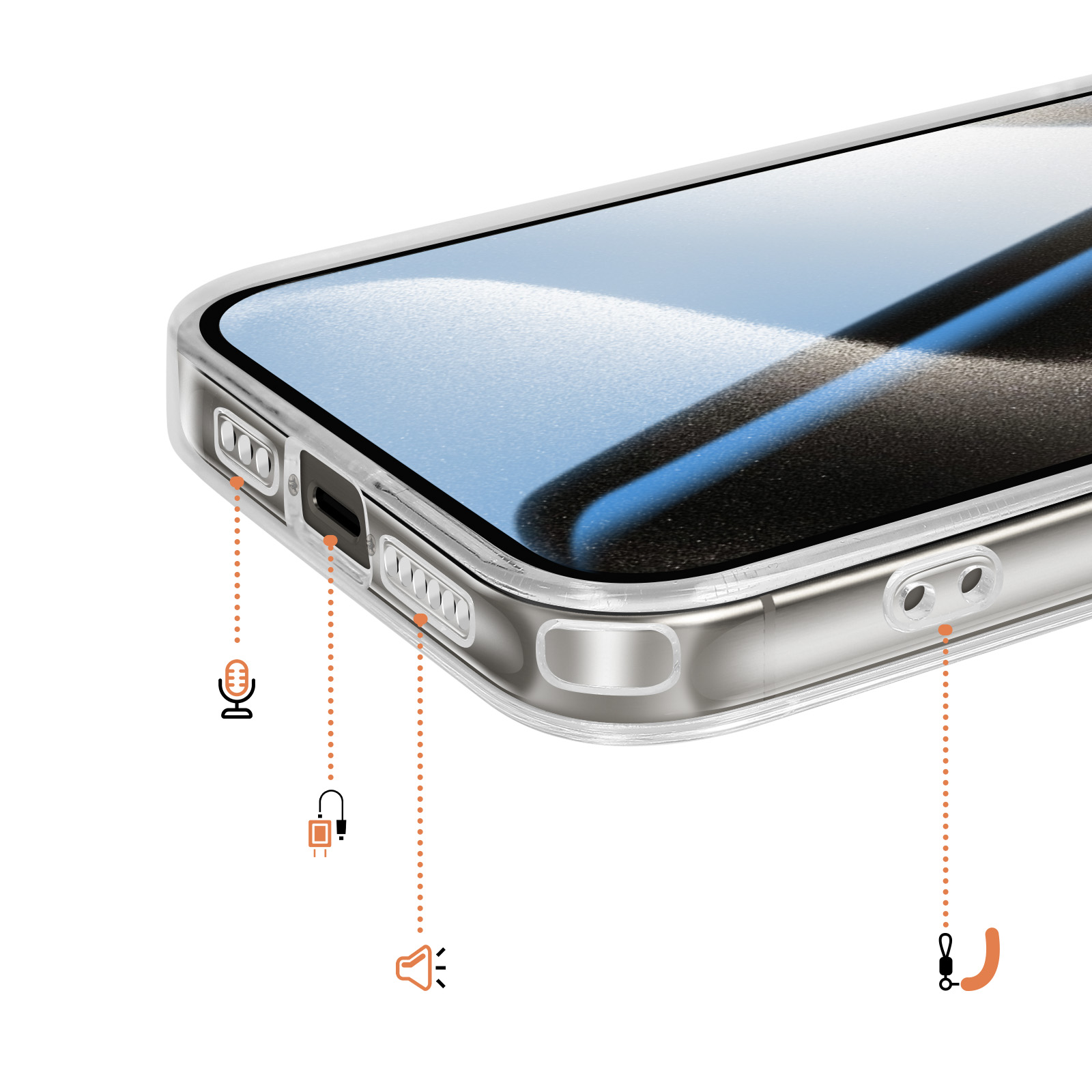 Doorzichtige telefoonhoes met uitsparingen voor microfoon, oplaadpoort en luidspreker.