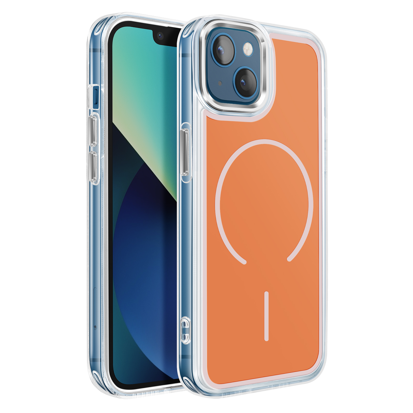 Ein orangefarbenes Handy mit durchsichtiger Hülle und Kamera.