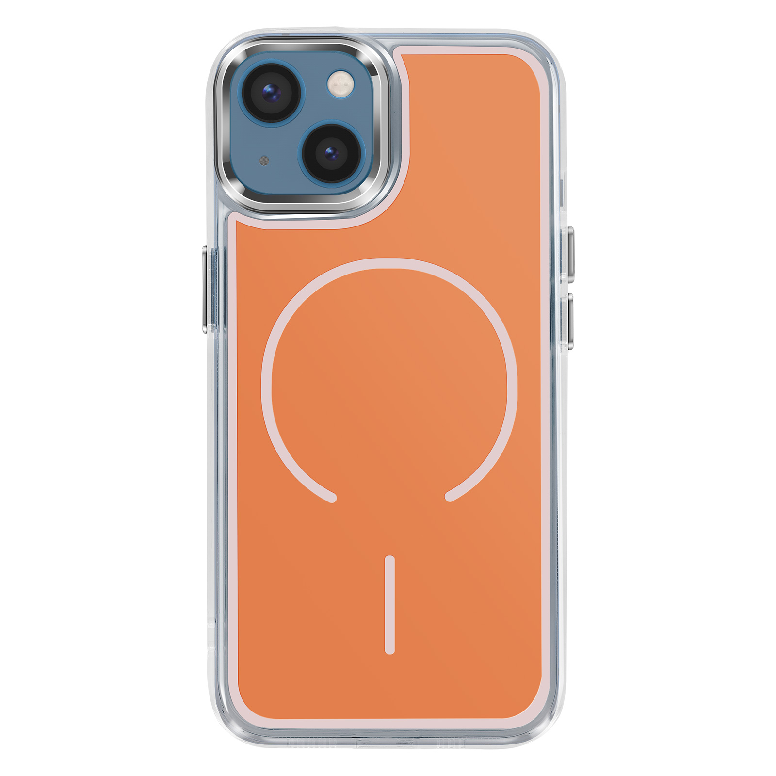 Transparente Hülle mit orangefarbenem Hintergrund und Kameramodul.