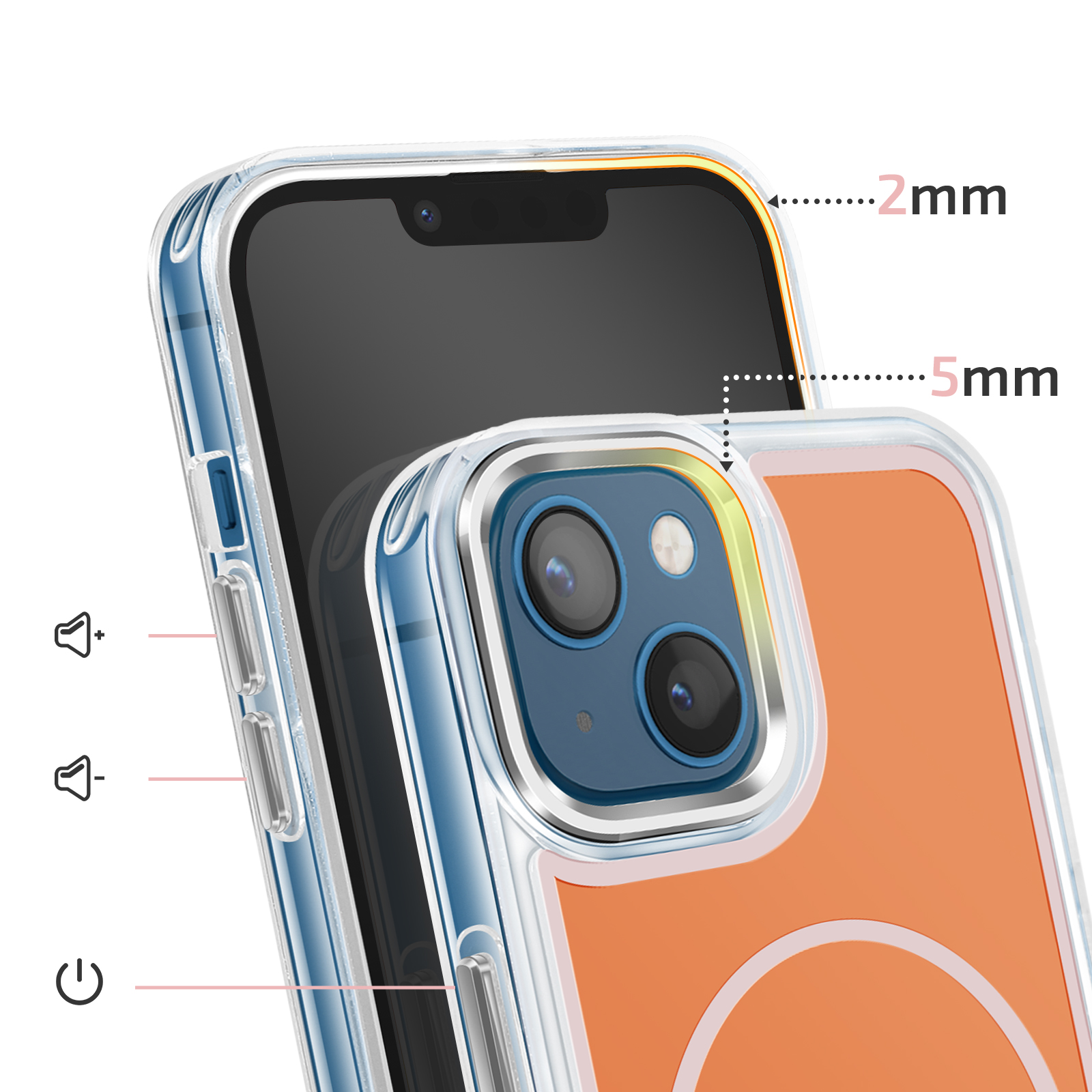 Ein Smartphone mit einer Hülle, die 2mm und 5mm Dicke zeigt.