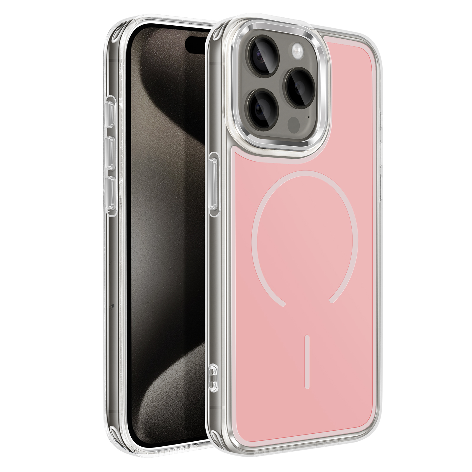 Une coque de téléphone transparente avec dos rose et module caméra.