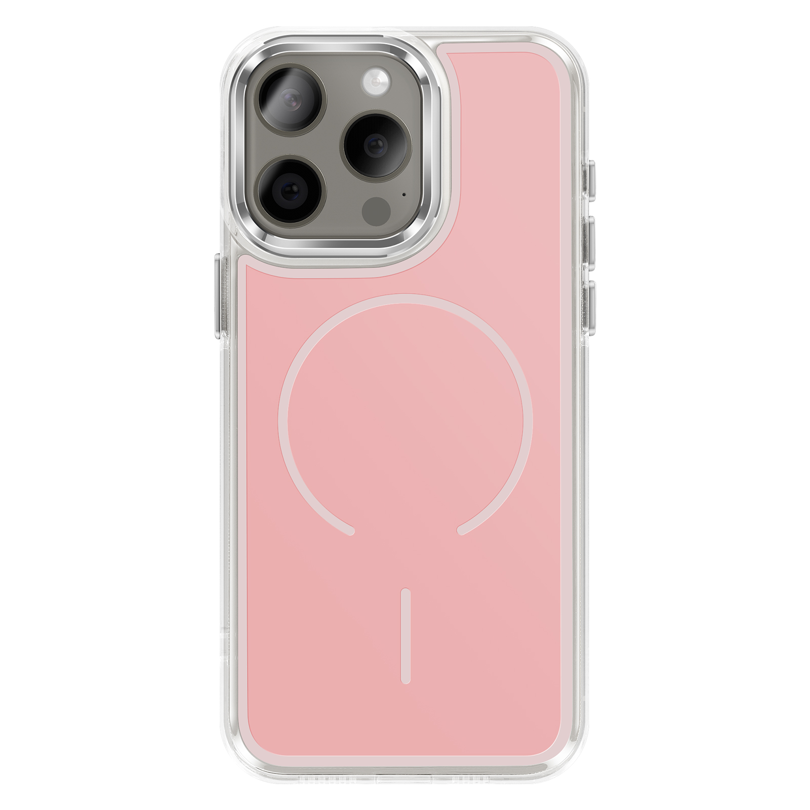 Une coque de téléphone rose avec des bords transparents et une découpe caméra.