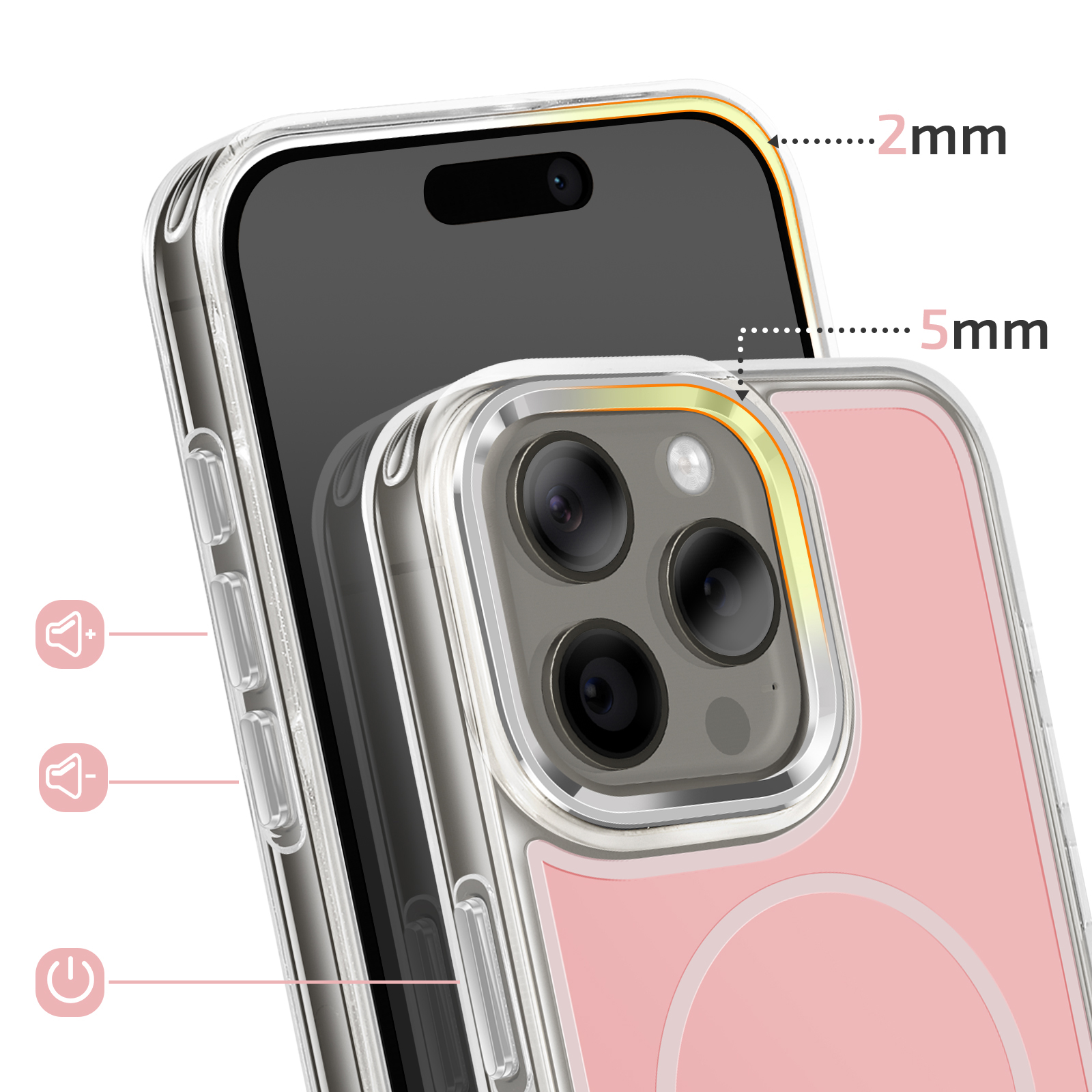 Doorzichtige telefoonhoes toont 2mm & 5mm dikte. Bevat volume- & aan/uit-knoppen.