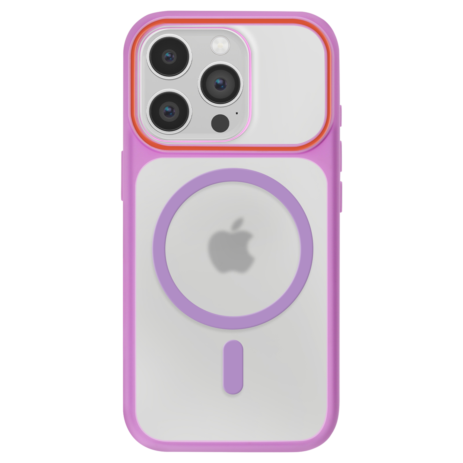 Coque transparente bordée de violet et d'orange montre des objectifs et logo Apple.