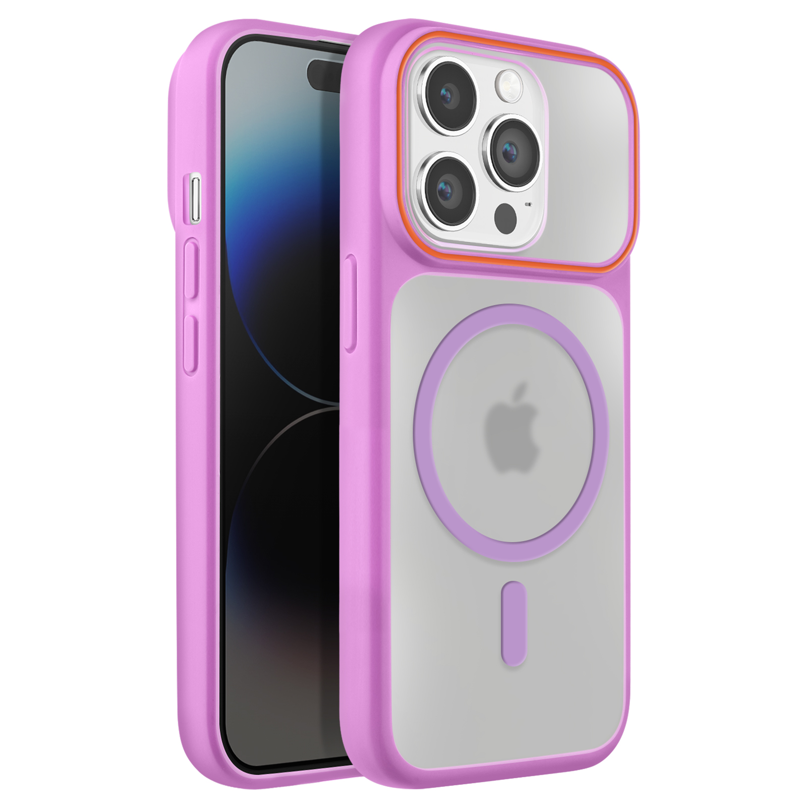 Coque violette avec dos transparent et MagSafe pour un iPhone.