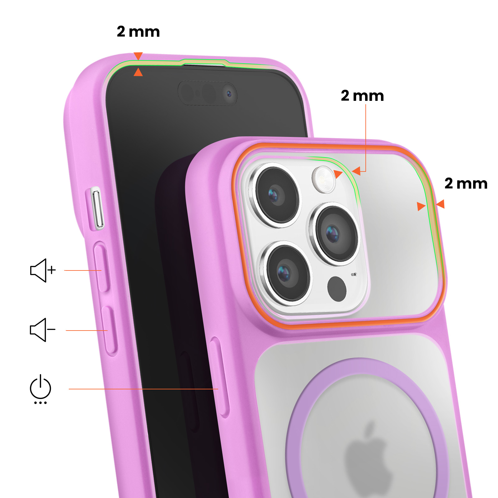 Coque iPhone violette avec dos transparent et bord de 2 mm. Montre la caméra et les boutons volume.