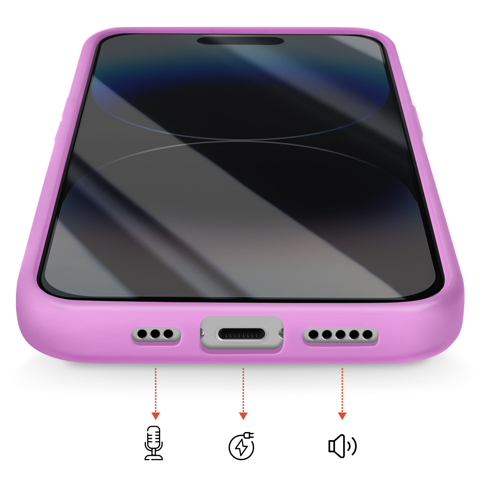 Une coque de téléphone rose montrant le port de chargement, le microphone et les trous des haut-parleurs.