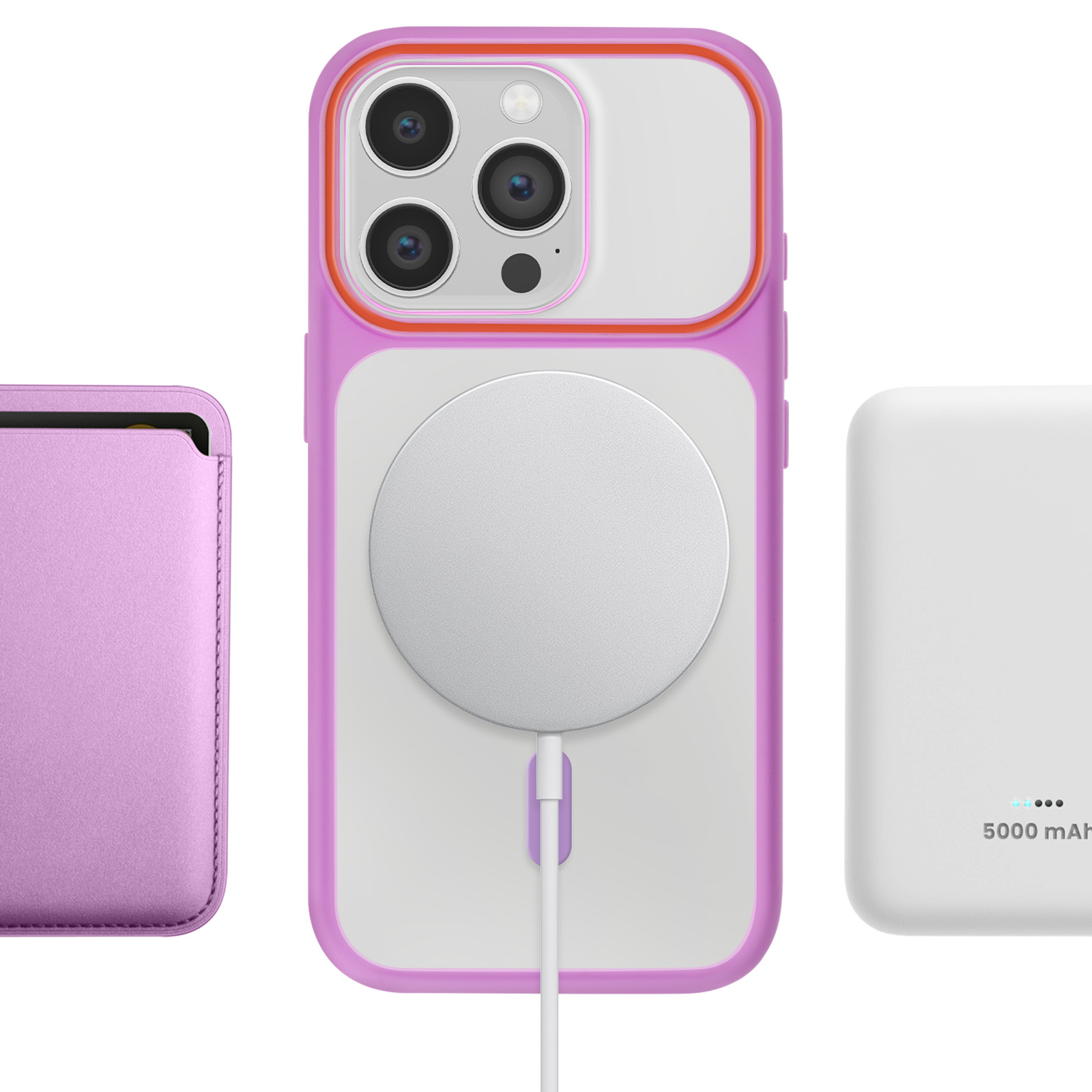 Coque de téléphone violette avec chargeur MagSafe, porte-cartes et batterie.