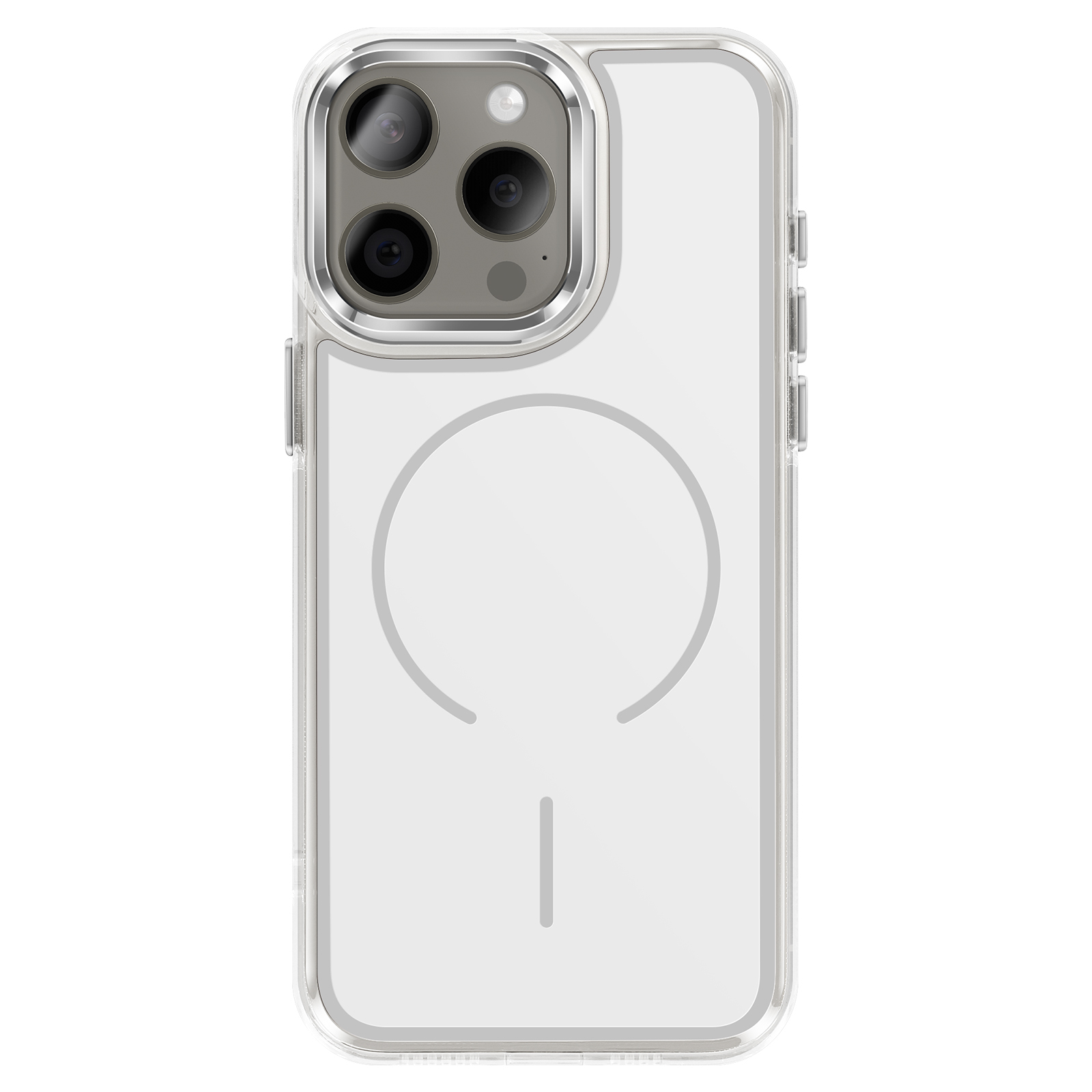 Transparante telefoonhoes met drie camera's en MagSafe-cirkel.