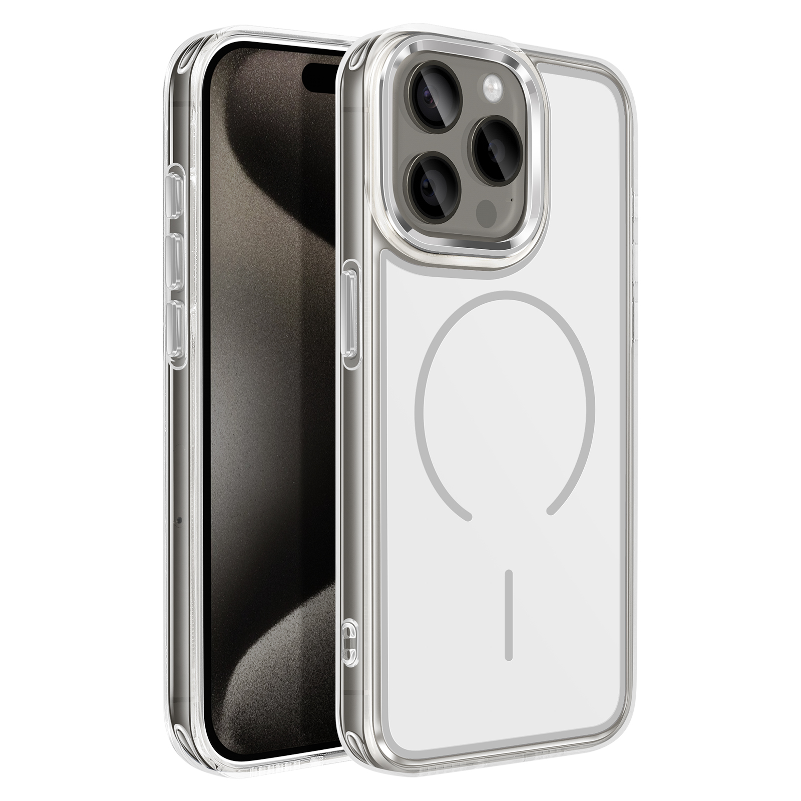 Een doorzichtige telefoonhoes met een telefoon erin. De achterkant heeft een cirkelvormig patroon.