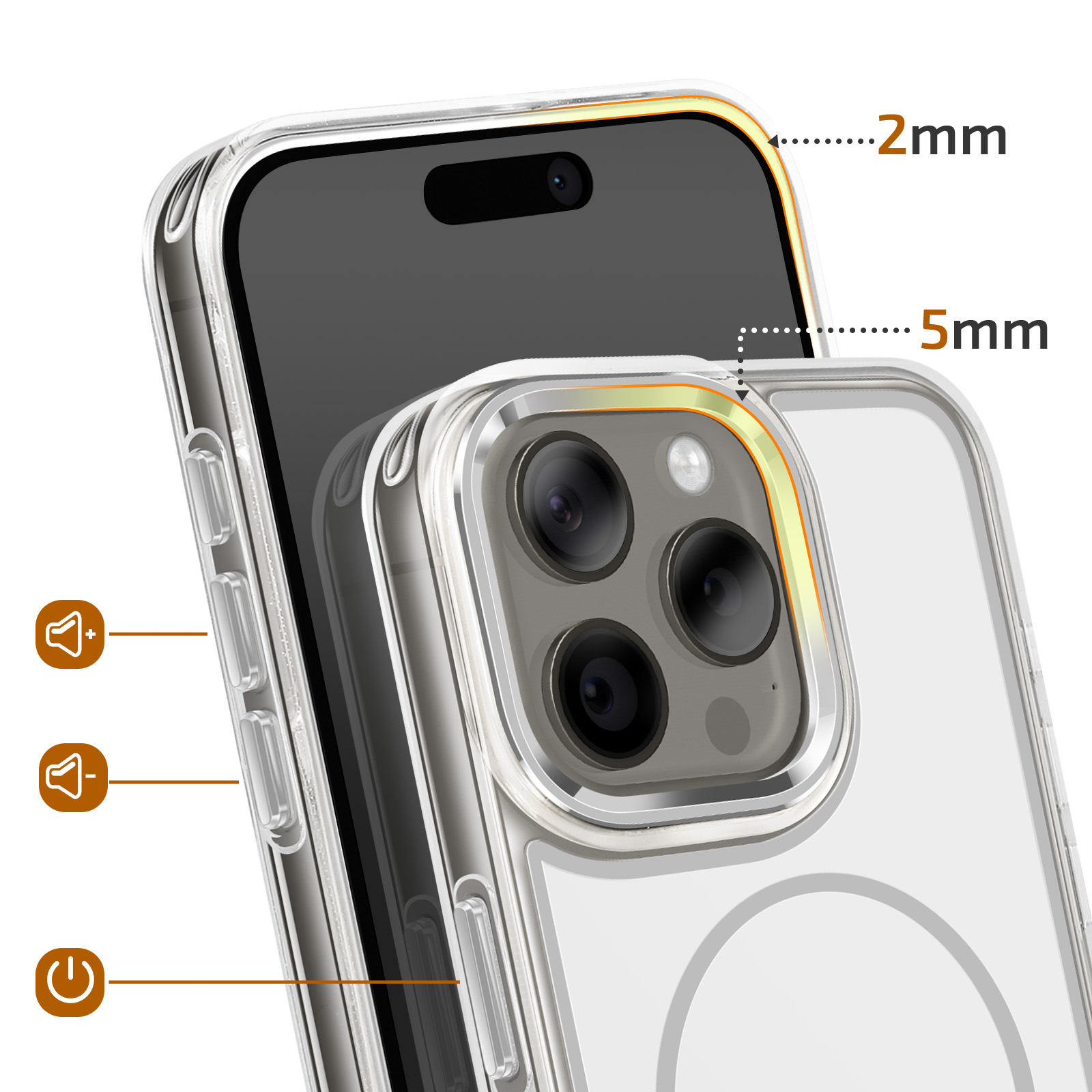 Transparante telefoonhoes met gemarkeerde randen en cameradetails.