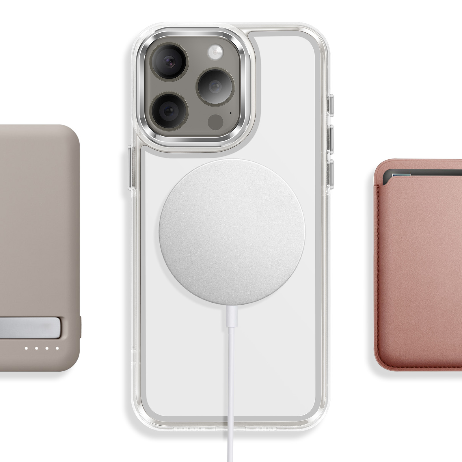 Drie telefoonhoesjes: grijs, doorzichtig met oplaadcirkel, roze.